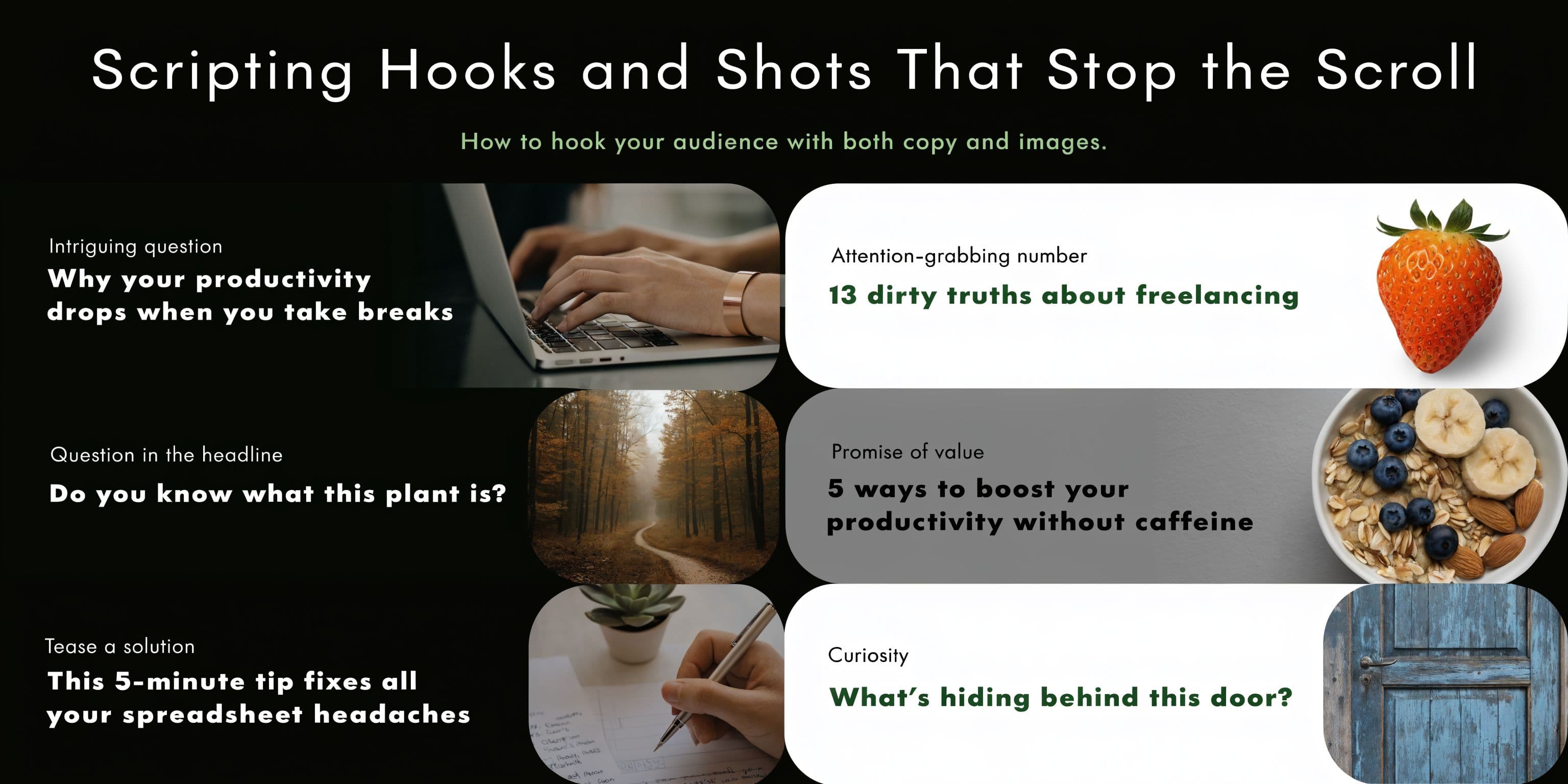 A graphic design showing various examples of marketing hooks and images to grab audience attention while scrolling.