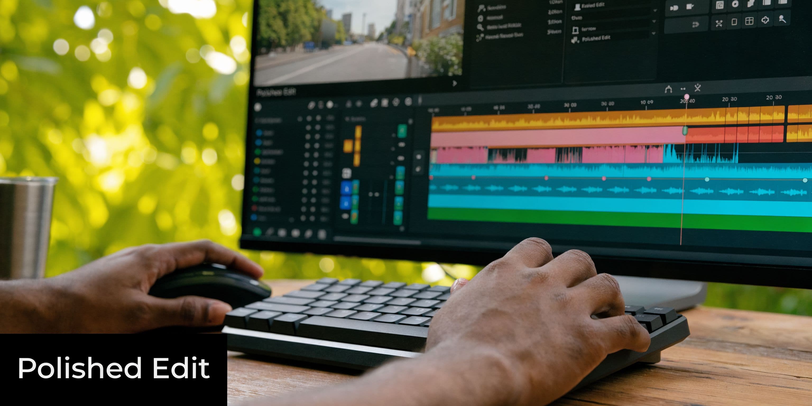 A close-up view of a person's hands editing a professional video project on a computer screen.