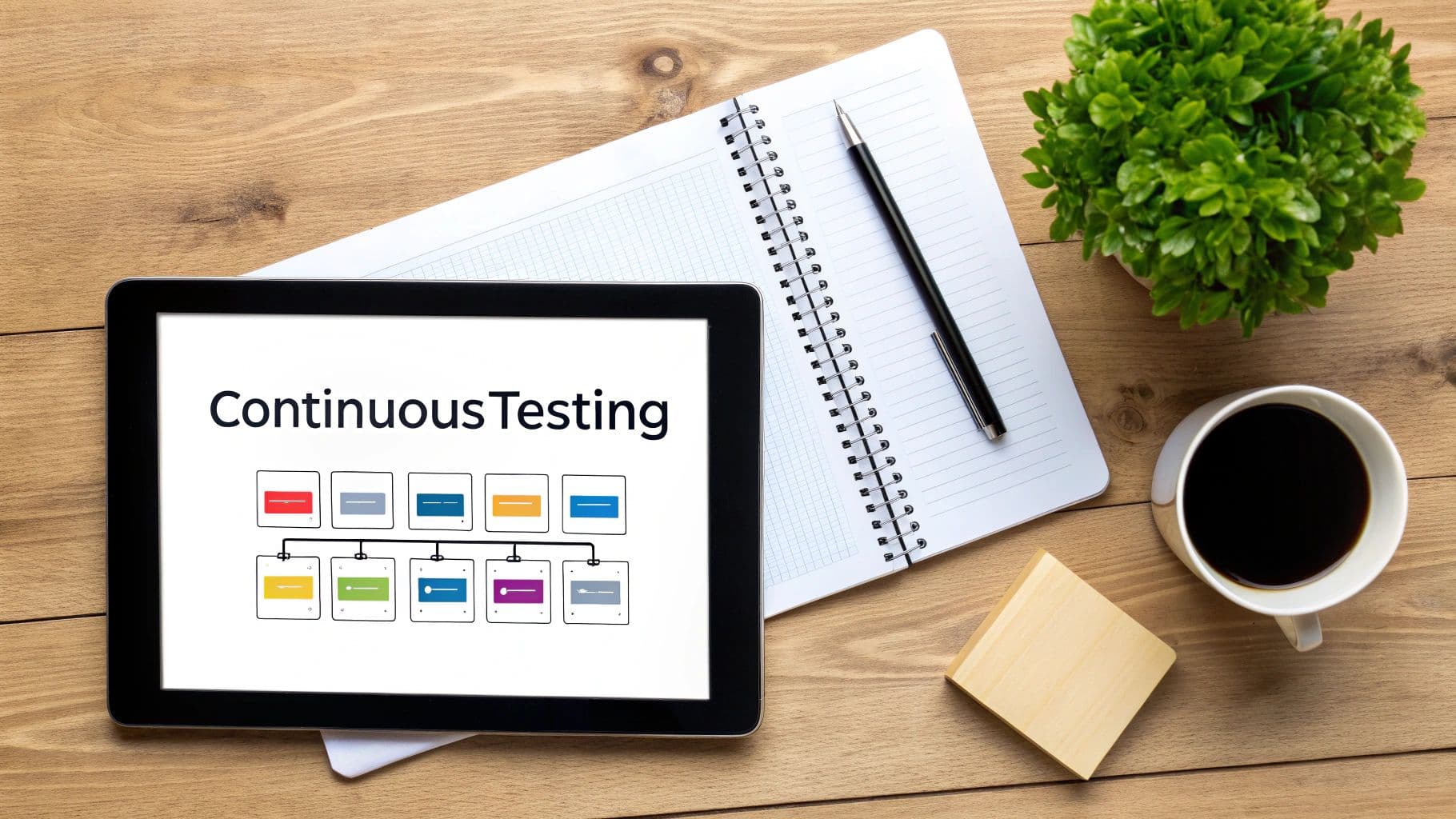 A flat lay of a wooden desk with a tablet showing continuous testing diagram, notebook, pen, plant, and coffee.