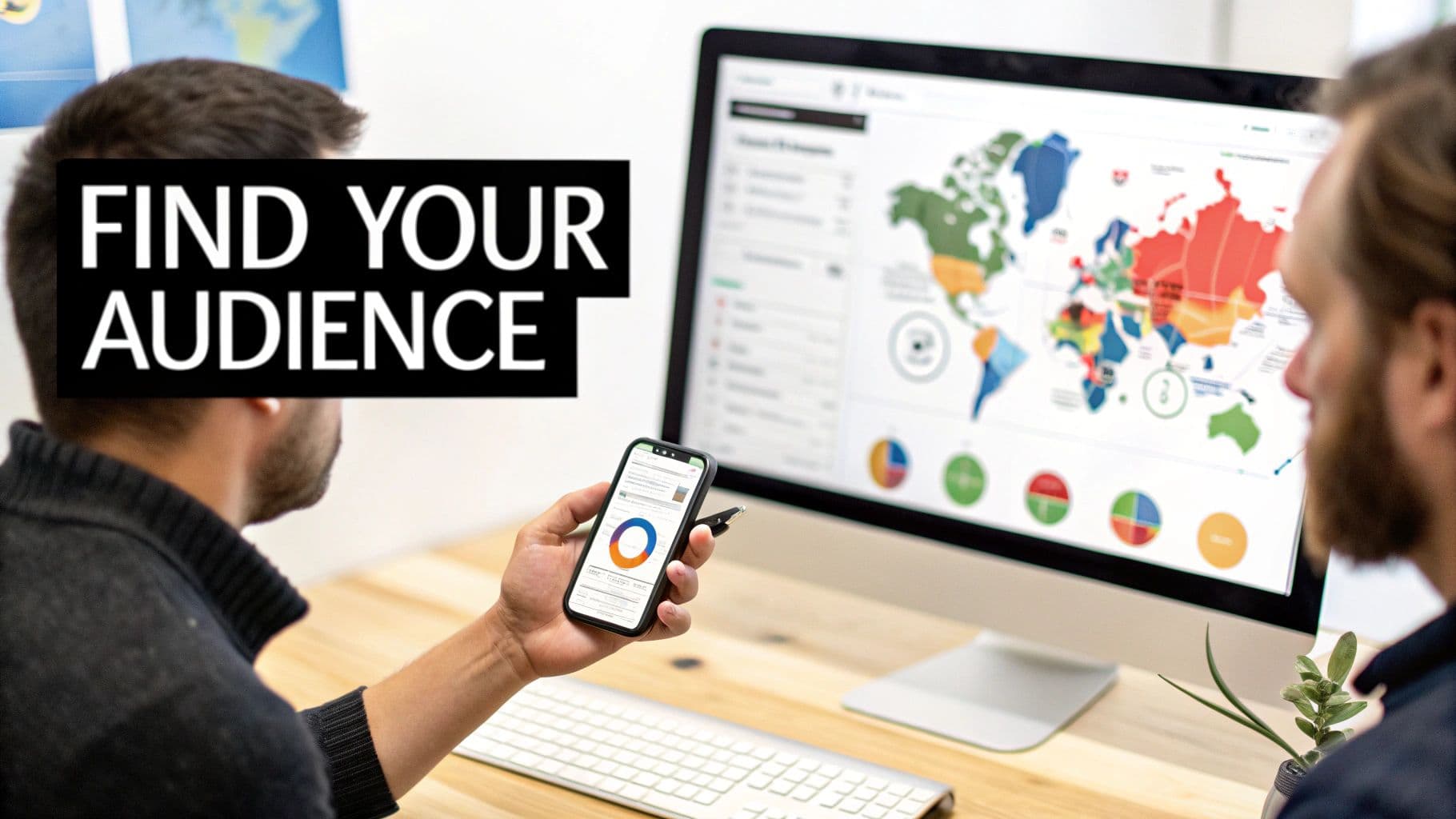 Marketing professionals use a computer and phone to analyze global audience data and trends.