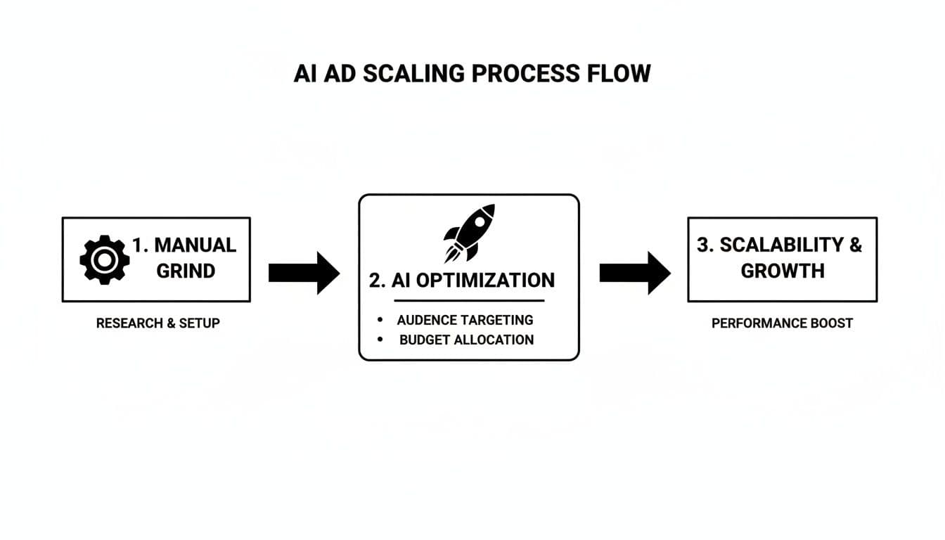 Flowchart outlining the AI ad scaling process, from manual setup to AI optimization and growth.