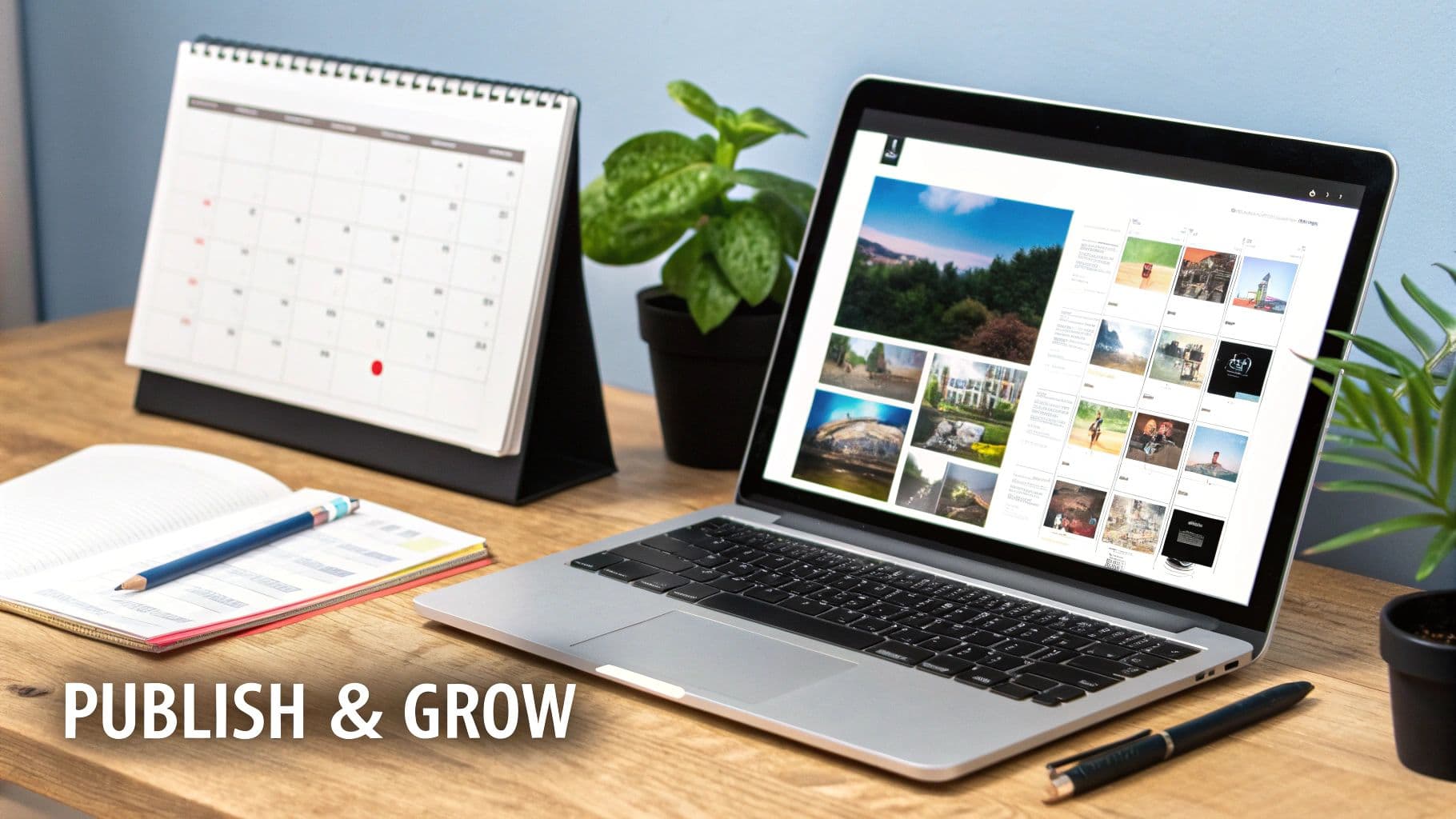 A laptop displaying a website with images, a calendar, a notebook, and plants on a wooden desk.