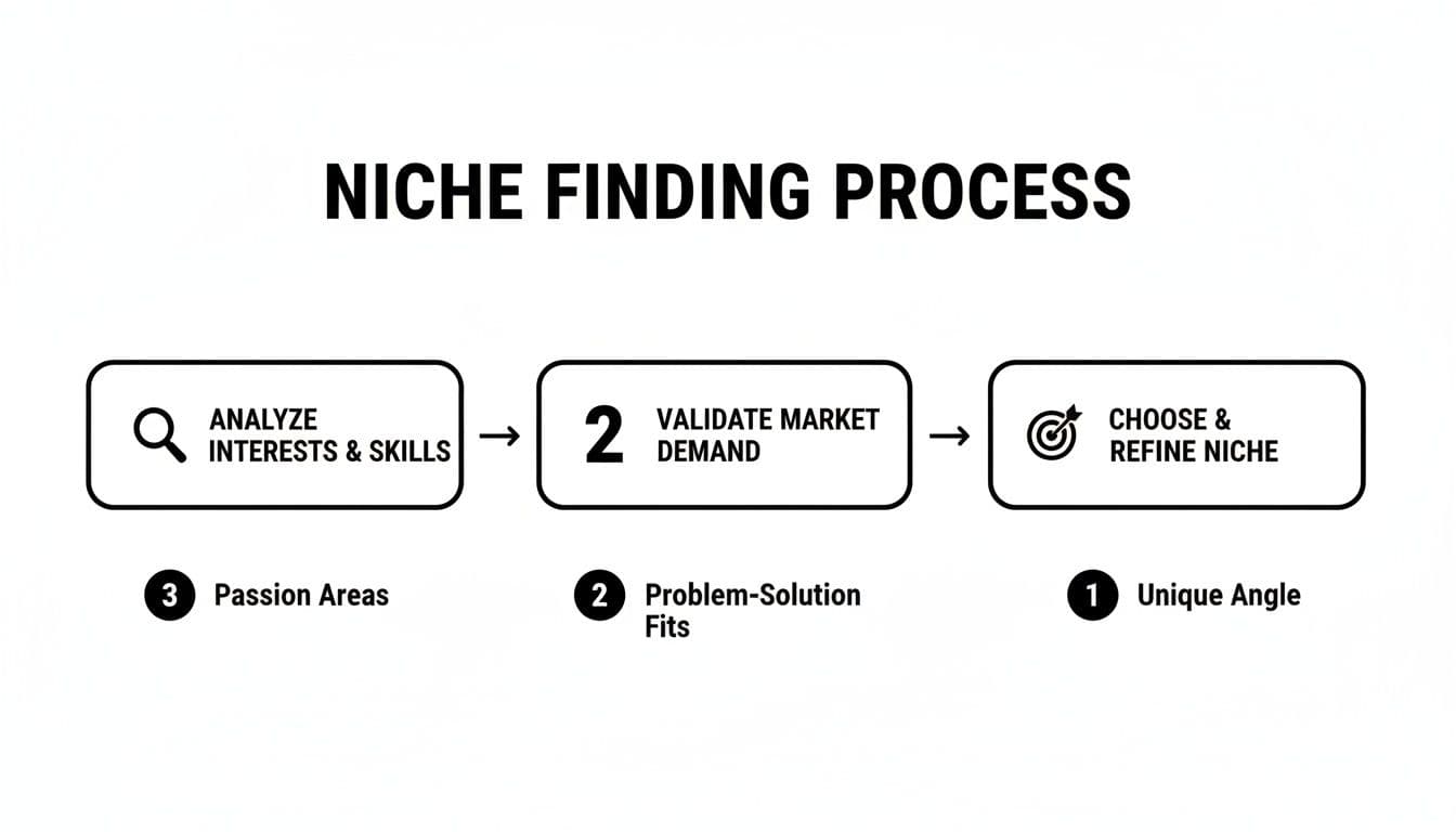 Niche finding process flowchart with steps: analyze interests, validate market demand, and choose/refine niche.
