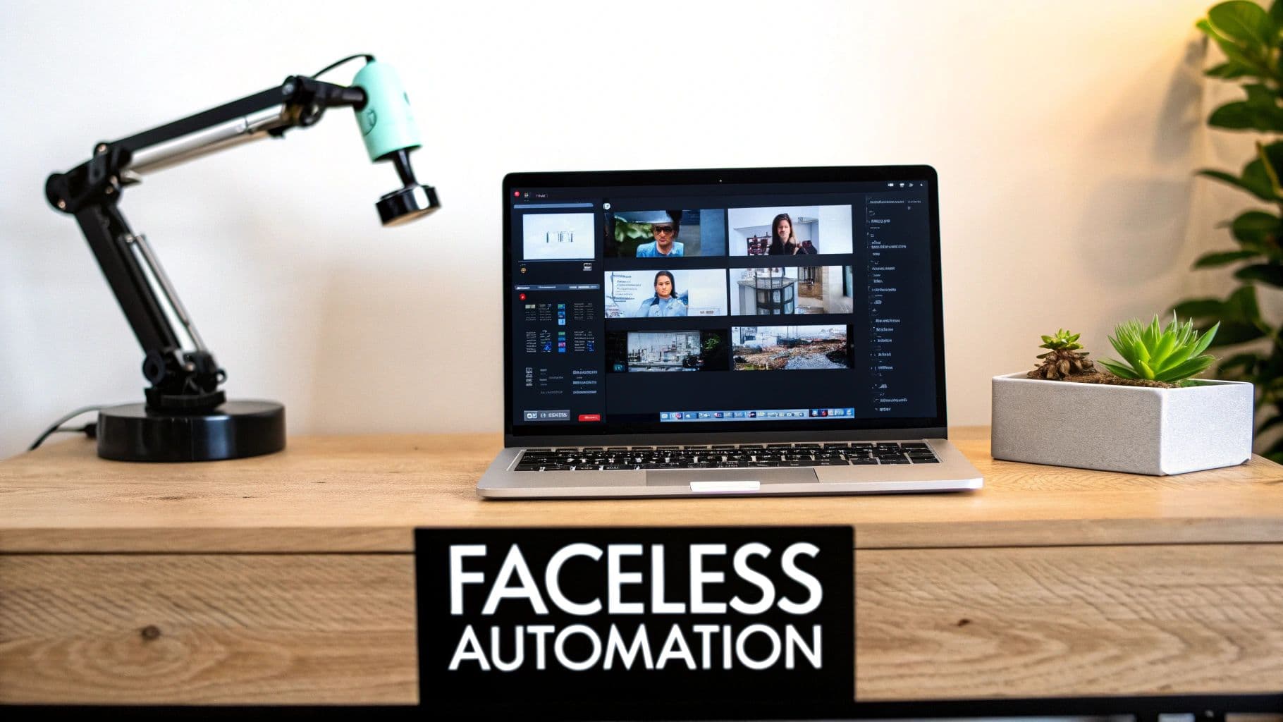 Laptop on a wooden desk displaying a video conference, with a lamp, plant, and 'Faceless Automation' text.