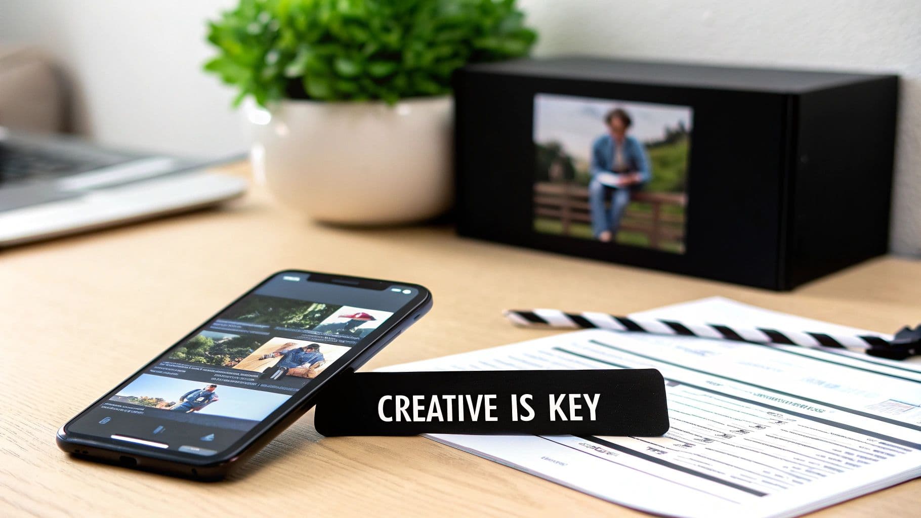 A creative workspace with a smartphone, documents, a pen, a plant, and a 'CREATIVE IS KEY' sign.