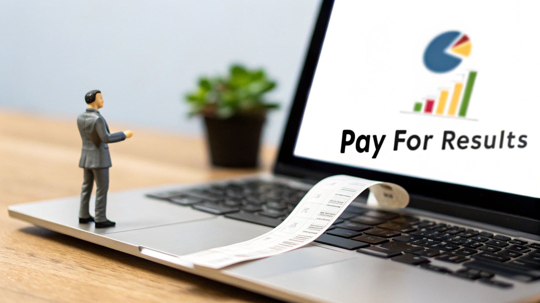 Miniature businessman on laptop with a long receipt and 'Pay For Results' on screen, symbolizing performance.