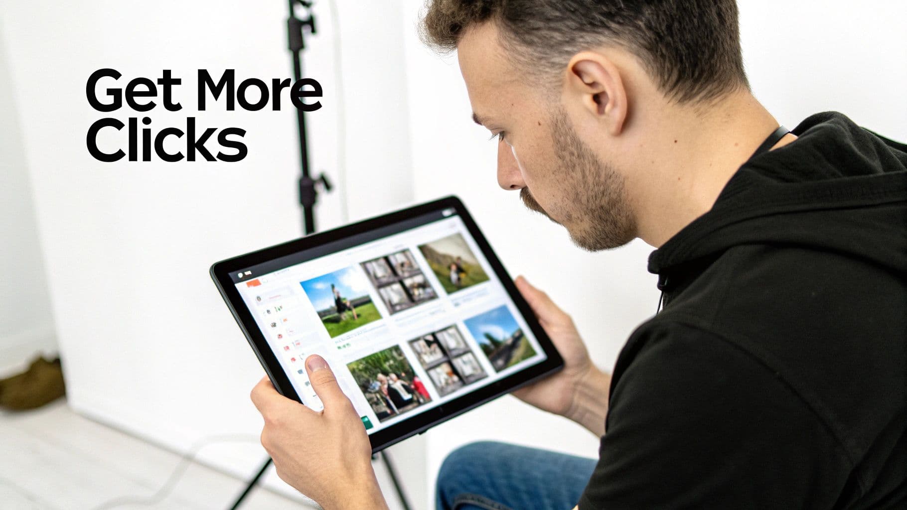 Man intently reviewing multiple photo thumbnails on a tablet, with 'Get More Clicks' text.