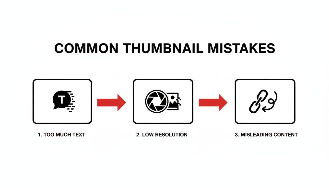 Infographic outlining three common thumbnail mistakes: too much text, low resolution, and misleading content.