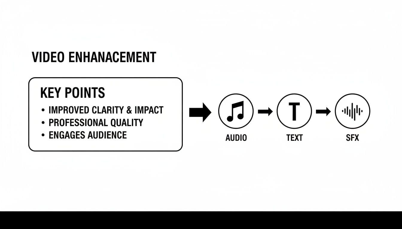 A diagram titled 'Video Enhancement' detailing key points and showing a process from key points to audio, text, and SFX.
