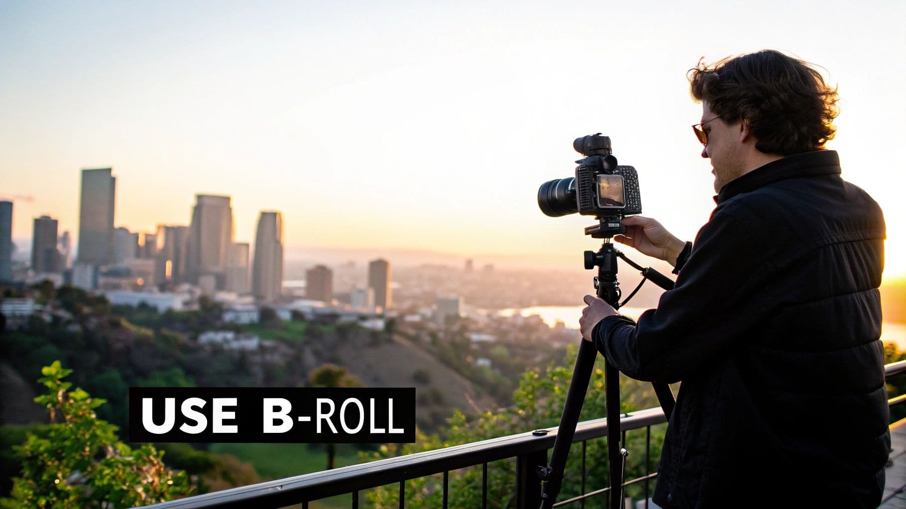 A man films a city skyline at golden hour with a camera on a tripod, with 'USE B-ROLL' text.