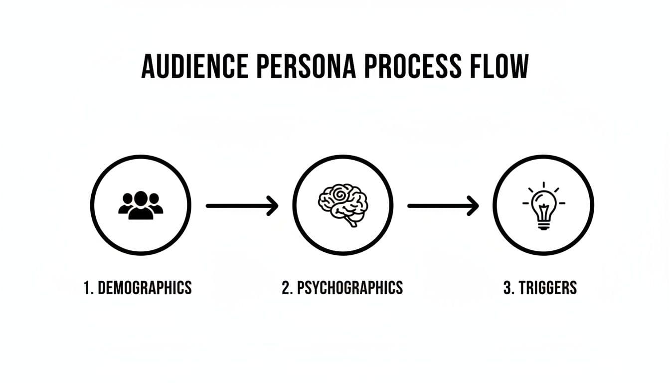 Flowchart illustrating the audience persona creation process: demographics, psychographics, and triggers.
