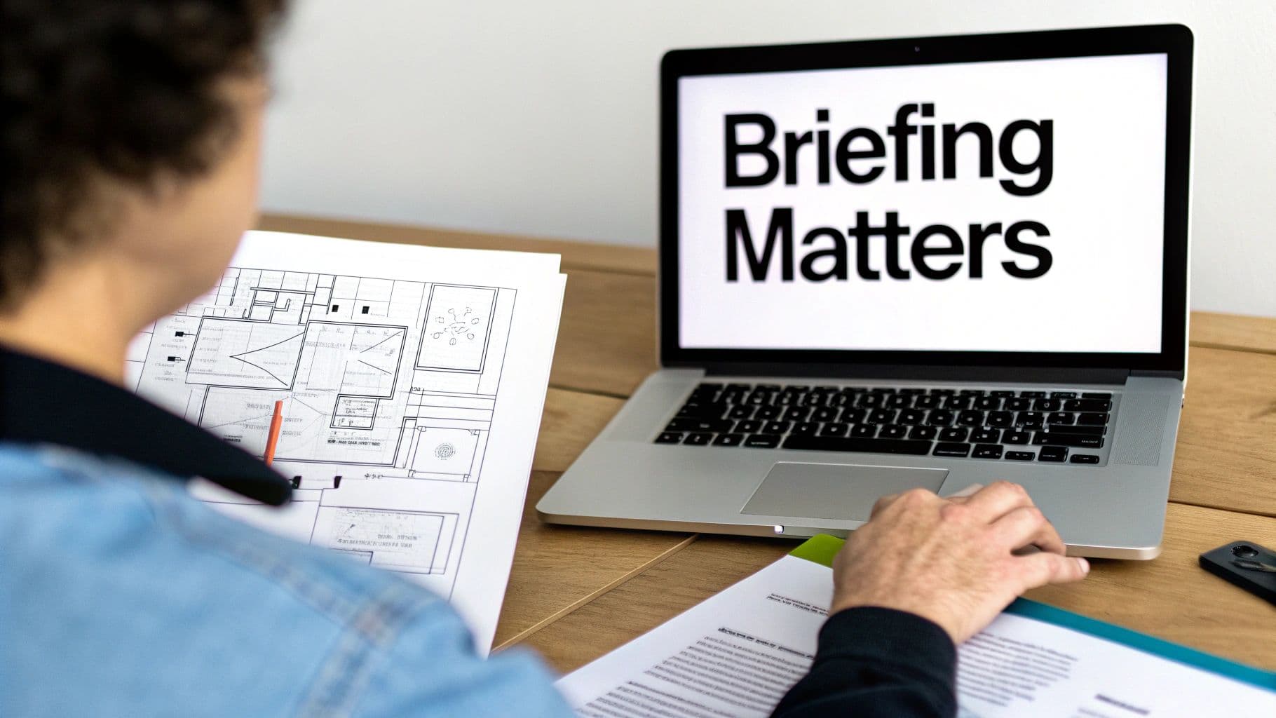 Person reviewing blueprints and documents while a laptop displays 'Briefing Matters' on a wooden desk.
