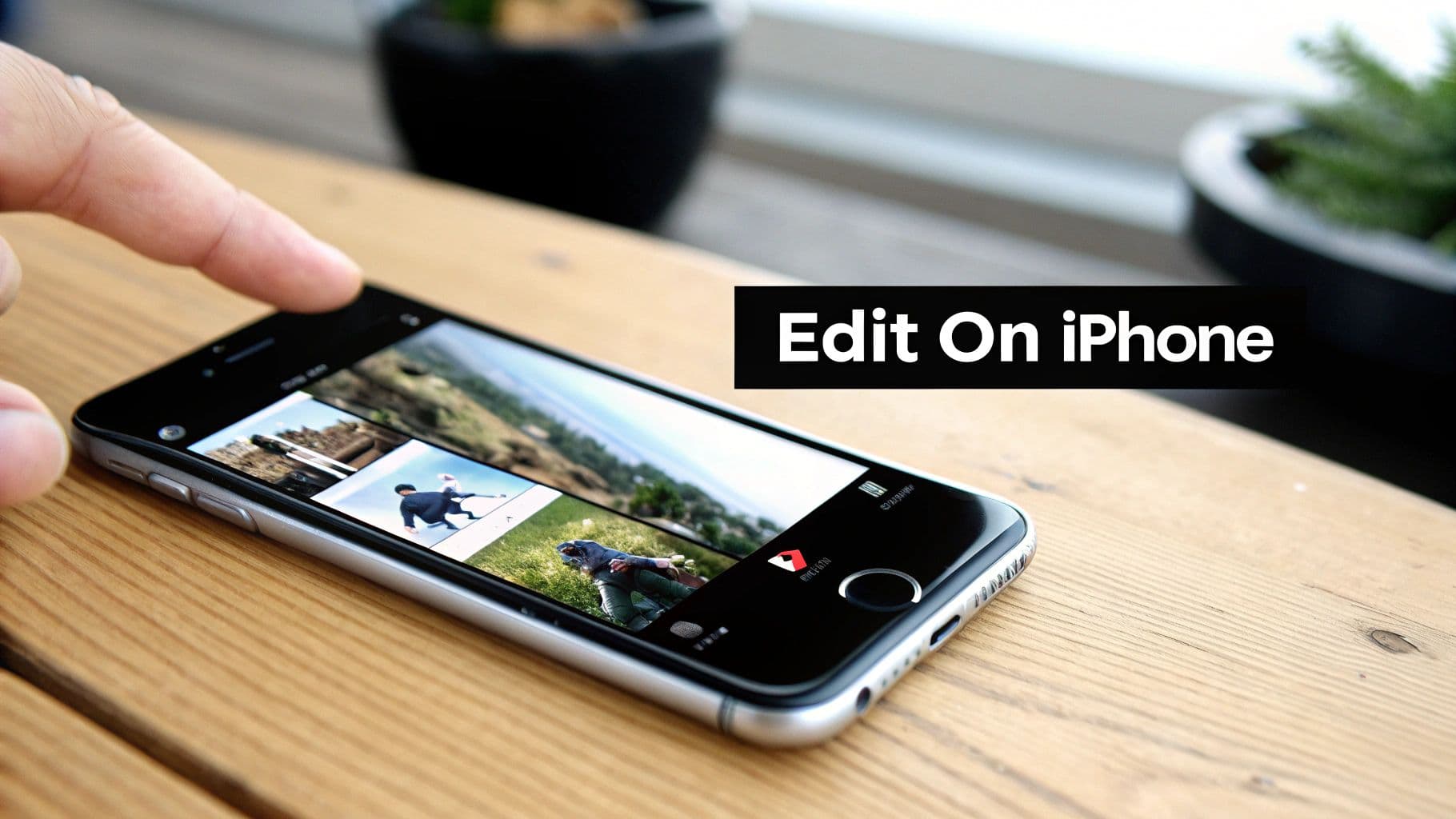 A person's hand touches an iPhone screen displaying photo thumbnails with the text 'Edit On iPhone'.