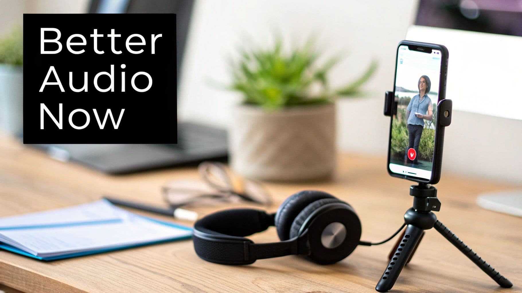 A smartphone on a tripod recording a video, headphones, and 'Better Audio Now' text on a desk.