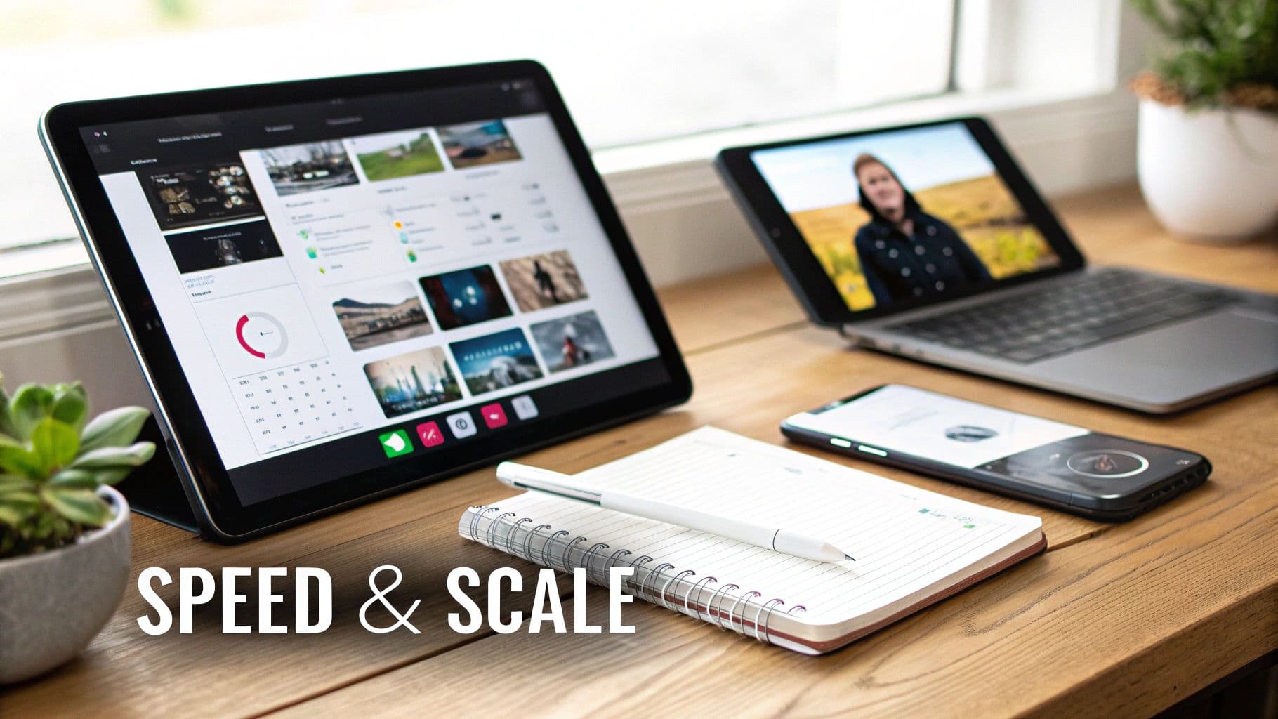A professional digital workspace featuring a tablet, laptop, and smartphone on a wooden desk, highlighting speed and scale.