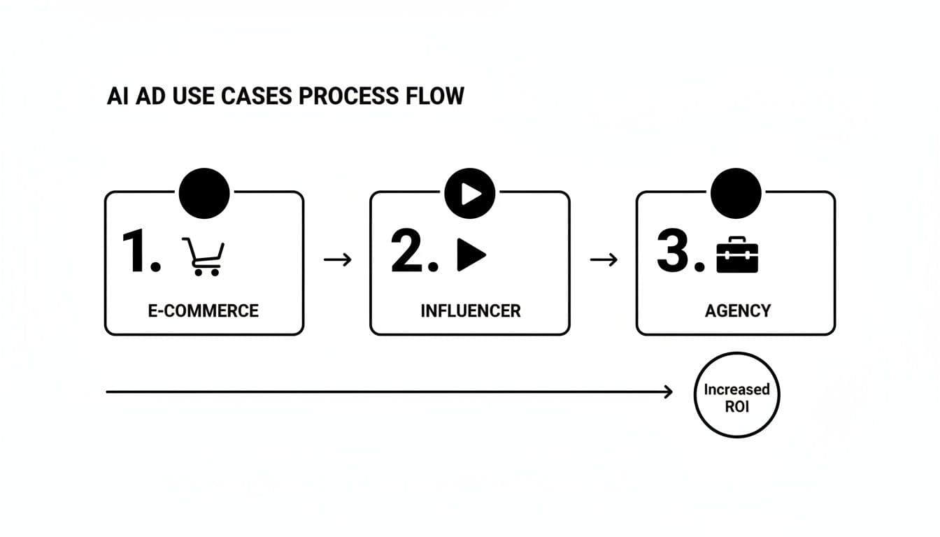 Process flow diagram showing AI ad use cases for e-commerce, influencer, and agency leading to increased ROI.