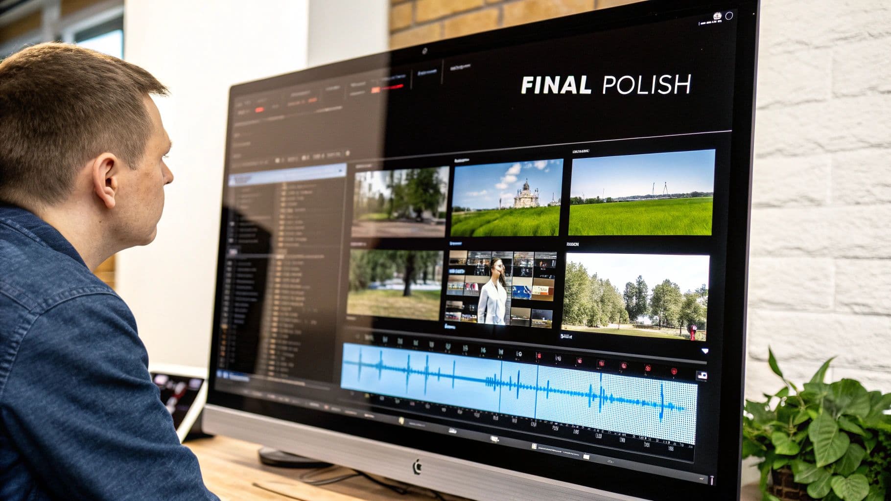 An editor's timeline showing a video with music and text overlays.