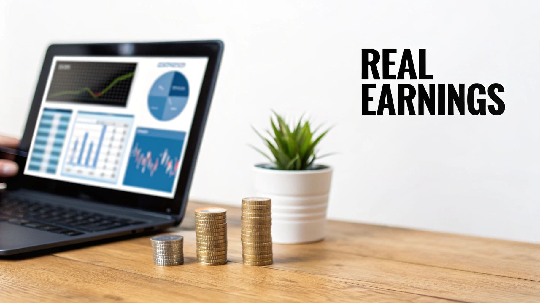 Laptop displaying financial charts next to stacks of coins and text 'REAL EARNINGS' on a table.