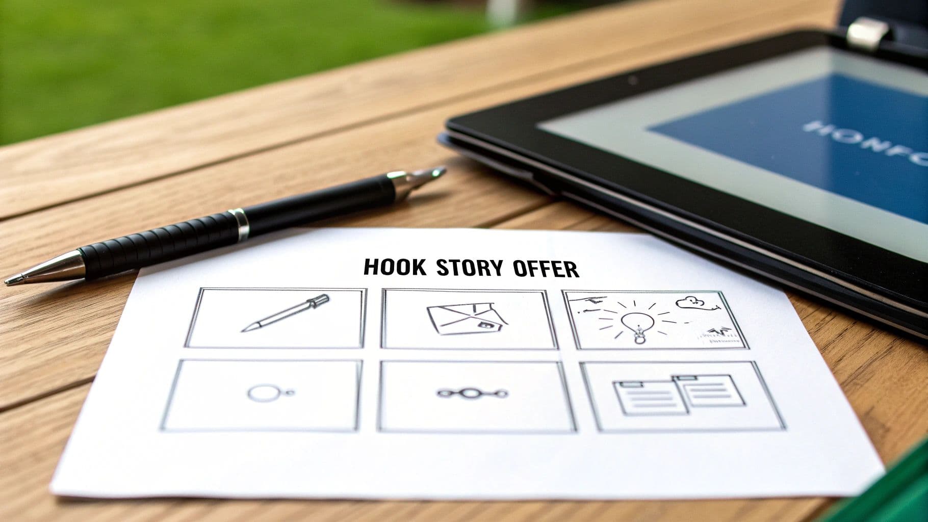 A person writing a video ad script at a desk, with a storyboard and sticky notes on the wall behind them.