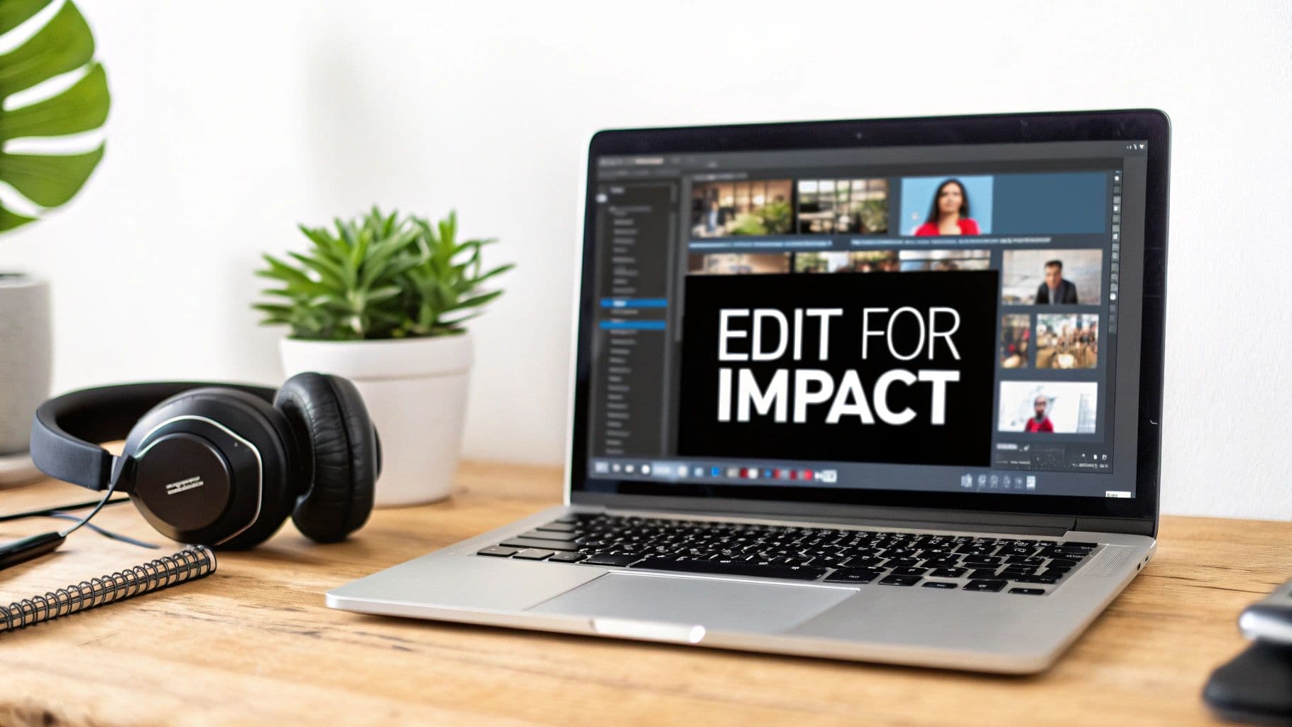 A person editing a video ad on a computer, with a dynamic timeline and colorful clips displayed on the screen.