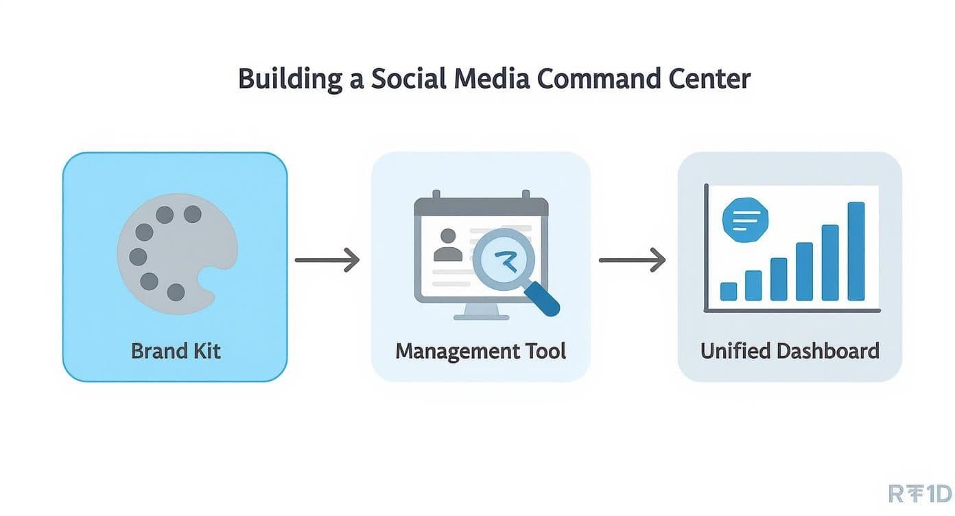 A diagram outlining the steps to build a social media command center: brand kit, management tool, unified dashboard.