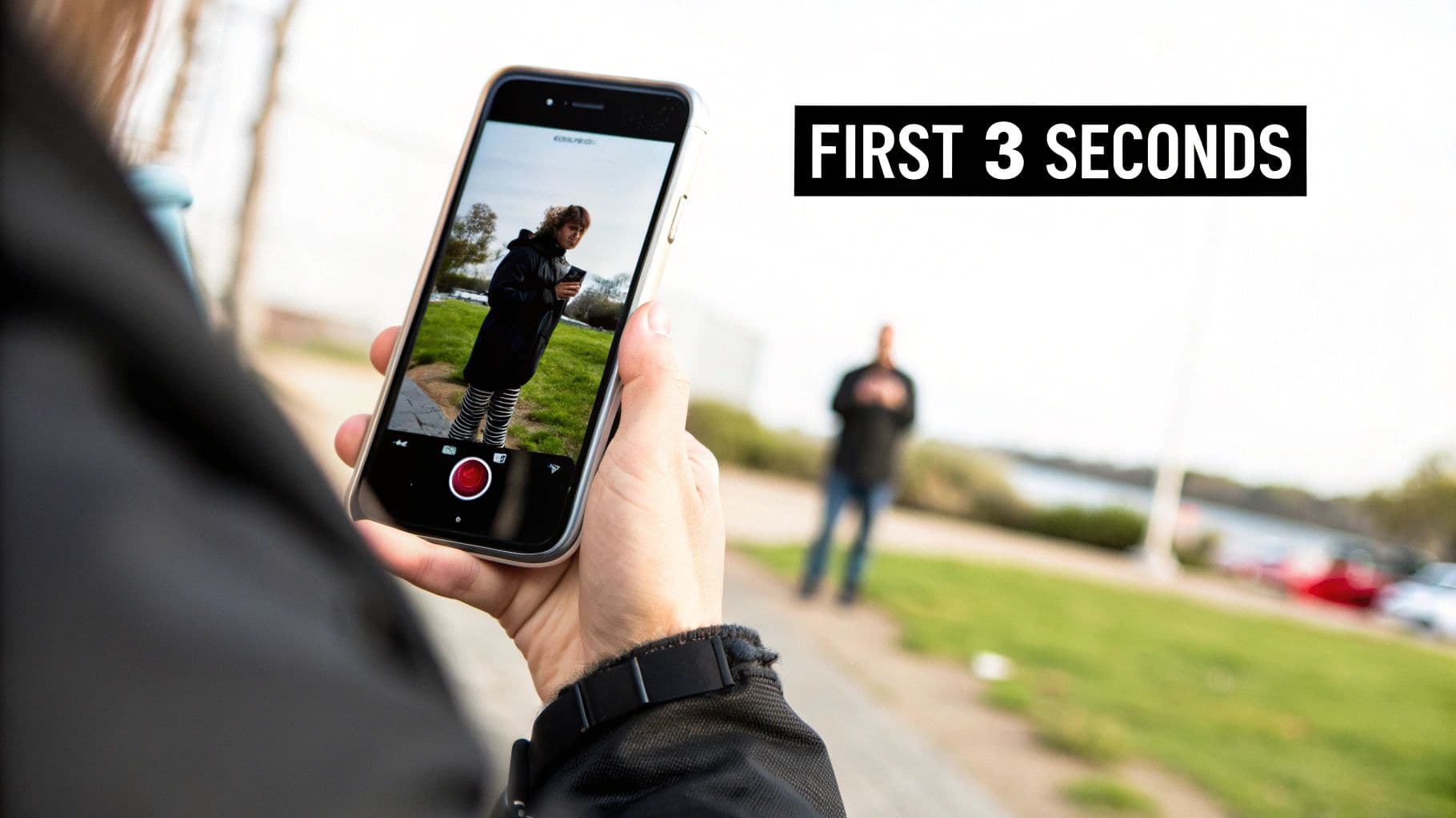A person holding a smartphone, scrolling through a feed of short, engaging vertical videos