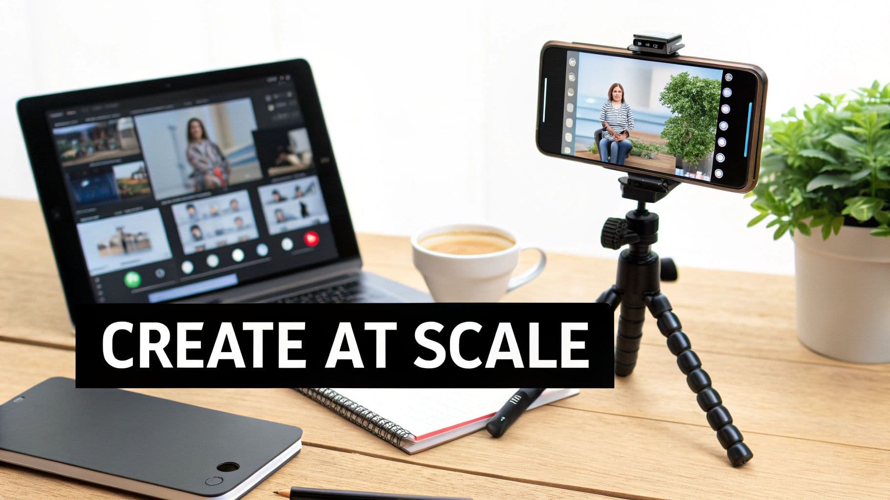 A desk setup for remote work or content creation, featuring a laptop, smartphone on tripod, and coffee.