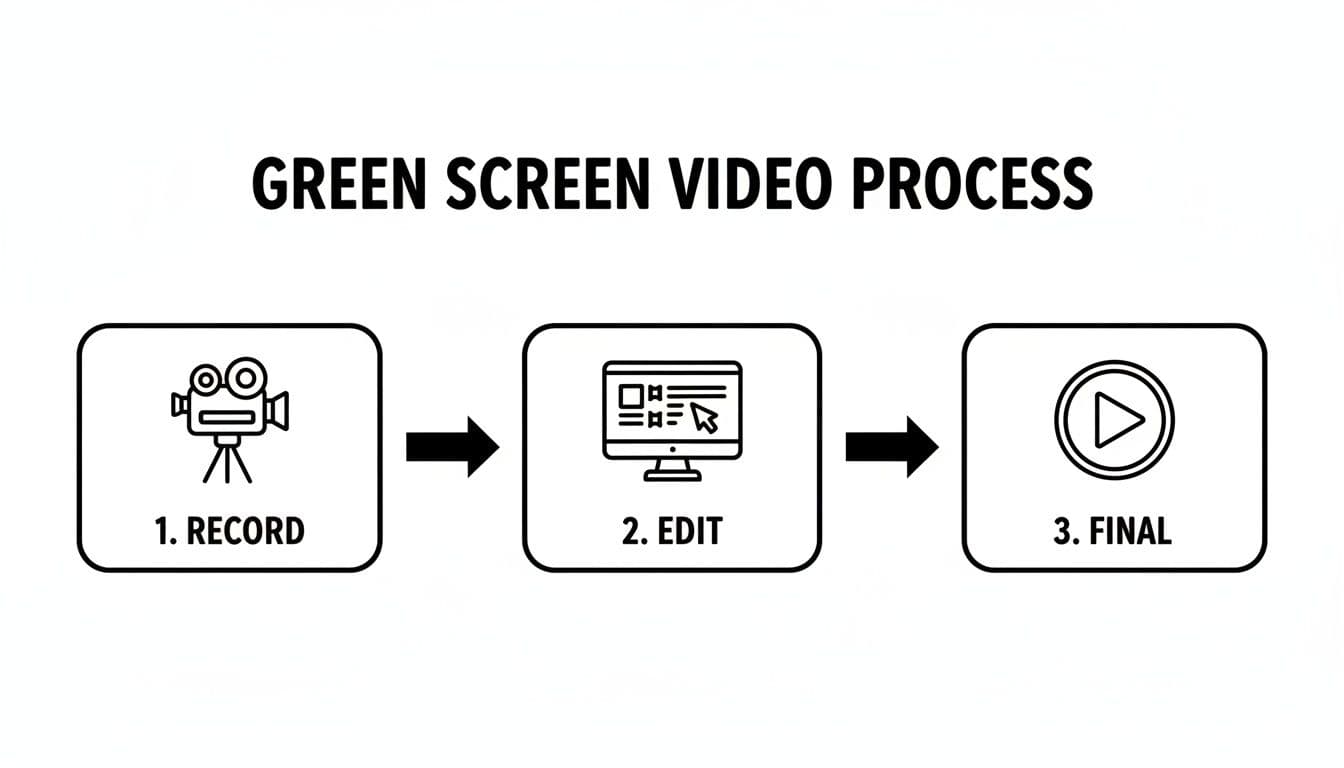 Infographic detailing the three steps of a green screen video process: record, edit, and final.