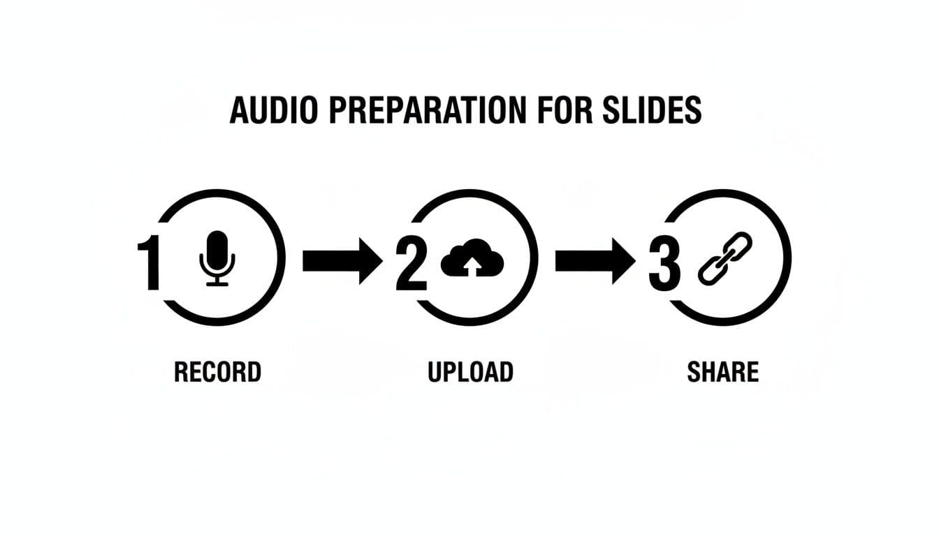Infographic detailing three steps for audio preparation for slides: 1. Record, 2. Upload, 3. Share.