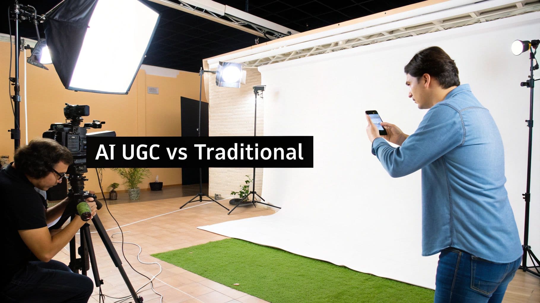 Two people in a studio, one filming with a professional camera, the other capturing content with a smartphone.