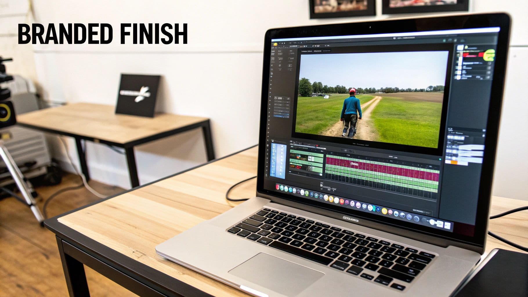 A laptop on a wooden desk displays video editing software with a person walking on a path.