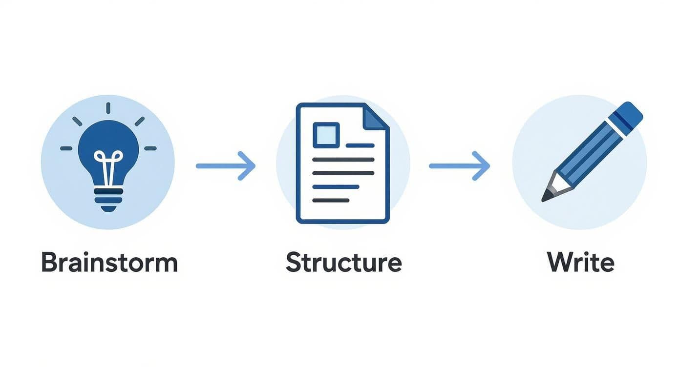A visual workflow illustrating the creative process: brainstorm with a lightbulb, structure with a document, and write with a pencil.
