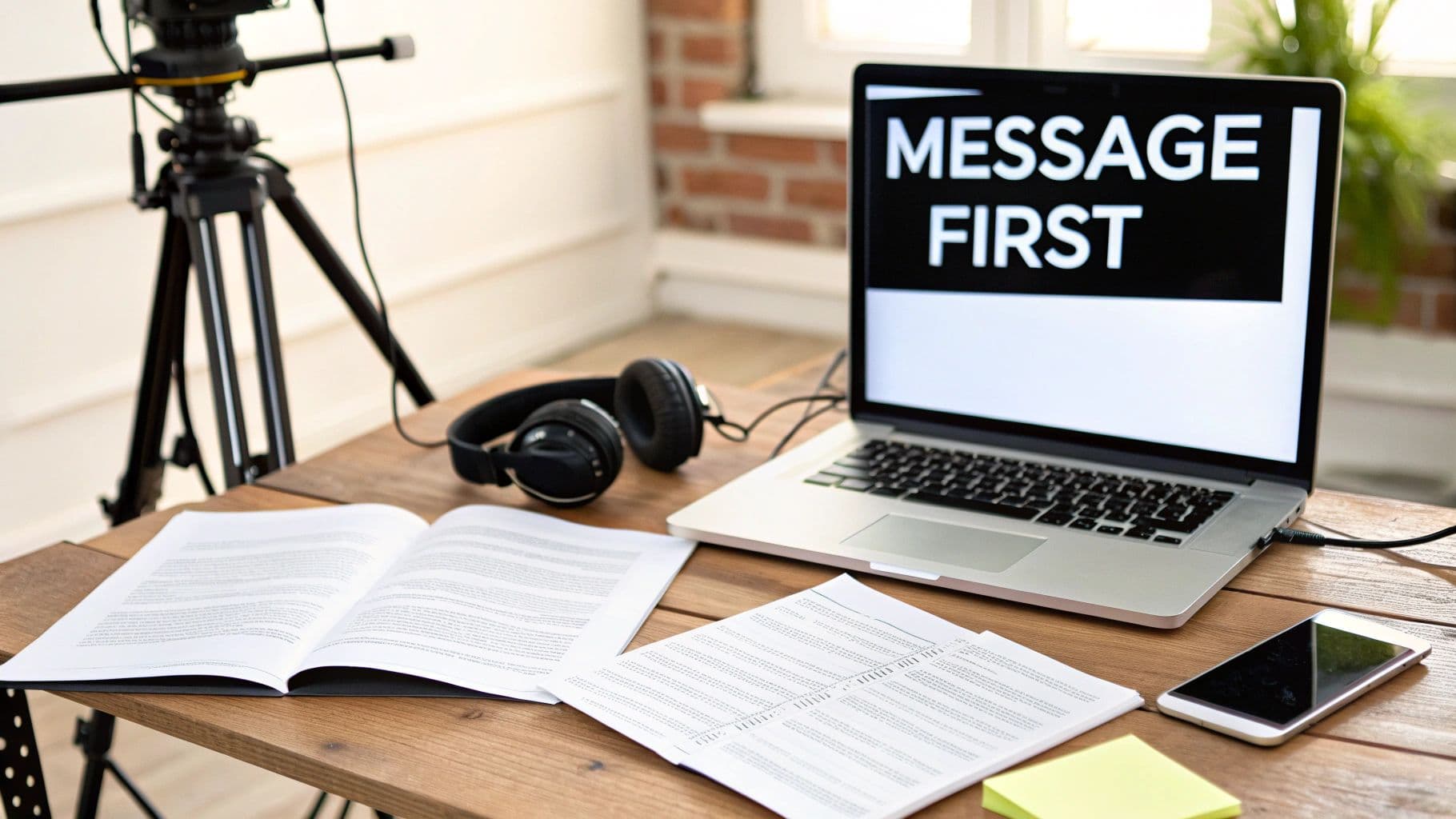 A creative workspace with a laptop displaying 'MESSAGE FIRST', headphones, documents, and a camera on a tripod.