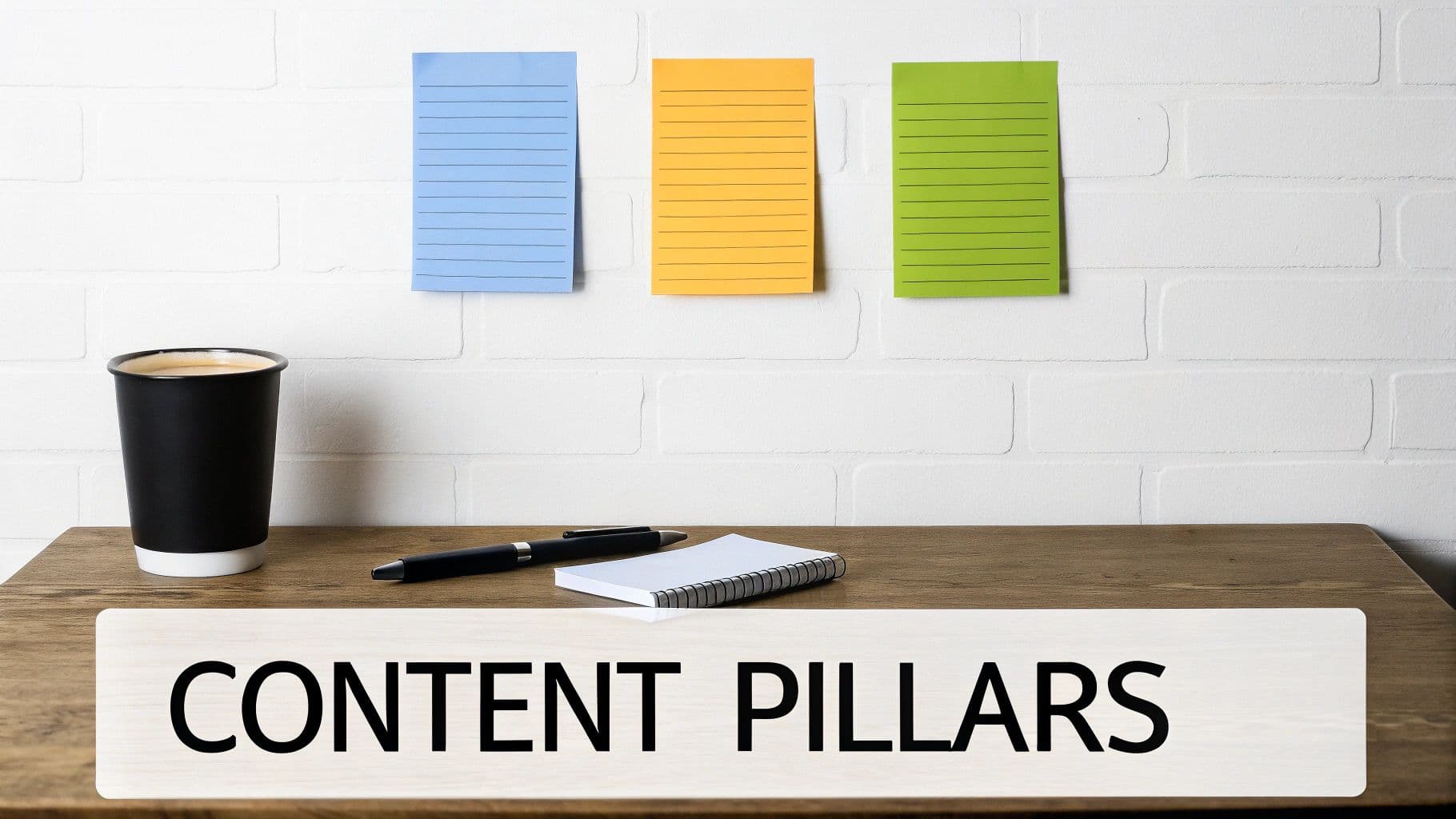A desk with coffee, pen, notebook, and three colorful sticky notes, with 'CONTENT PILLARS' text.