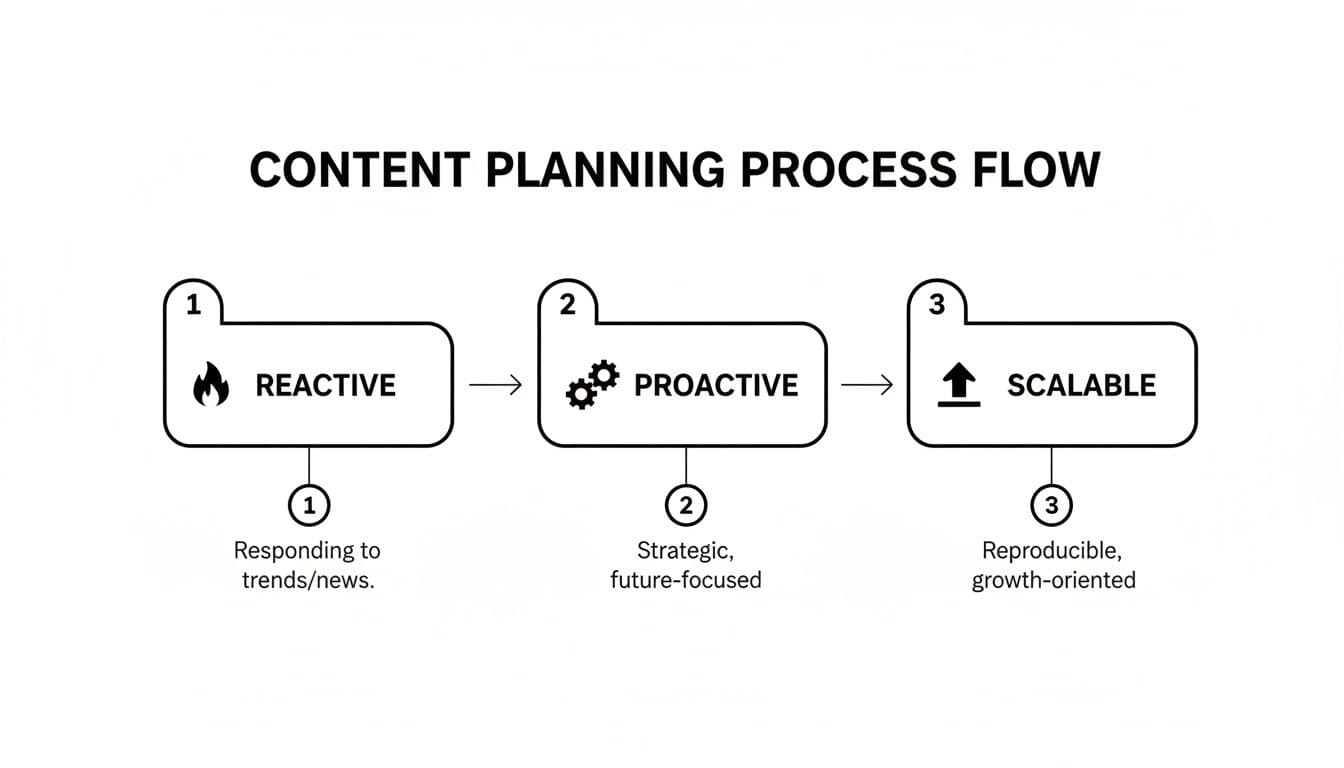 Flowchart illustrating the content planning process: Reactive, Proactive, and Scalable stages explained.