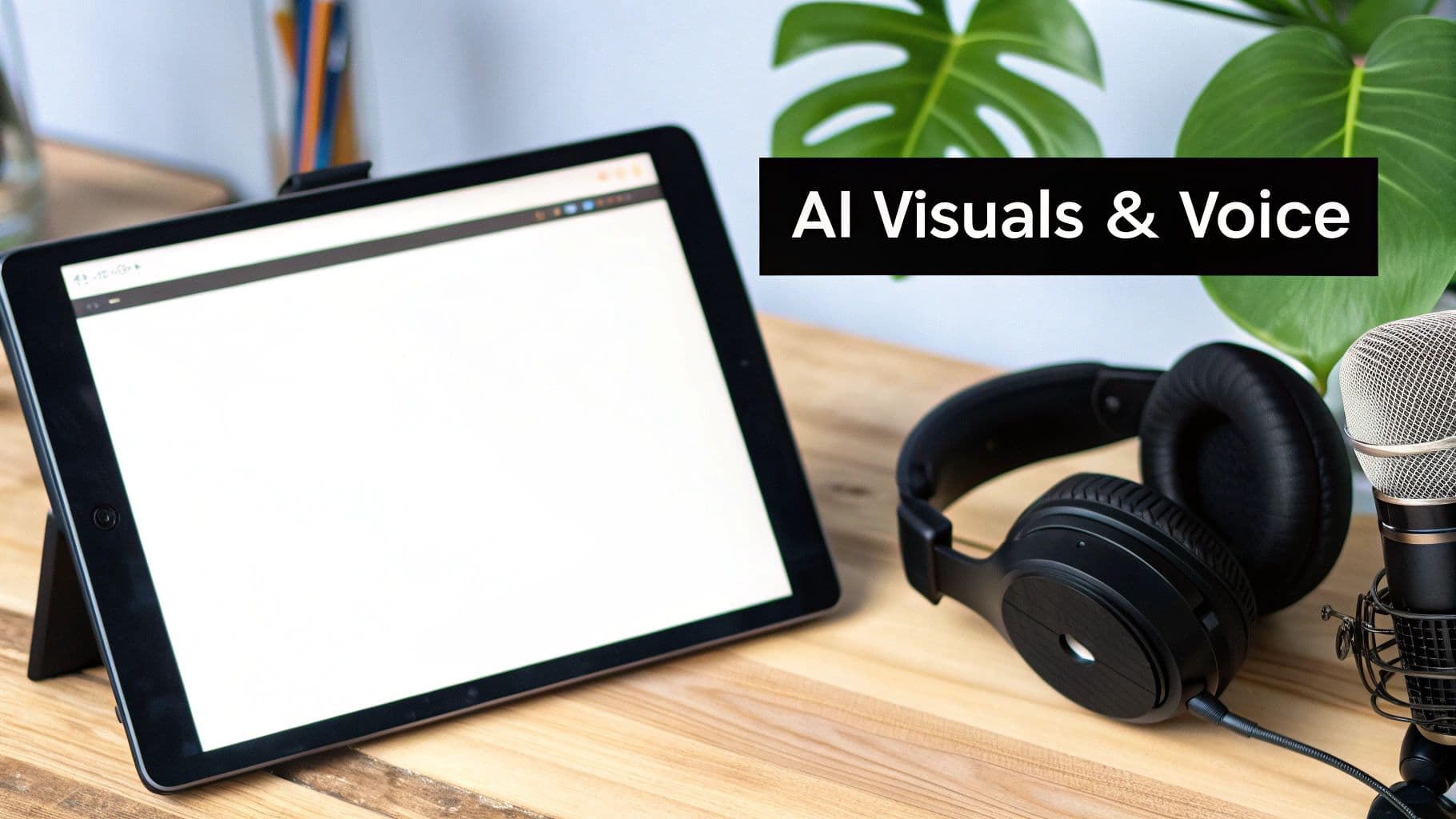 A tablet, headphones, and microphone on a desk, with text 'AI Visuals & Voice'.