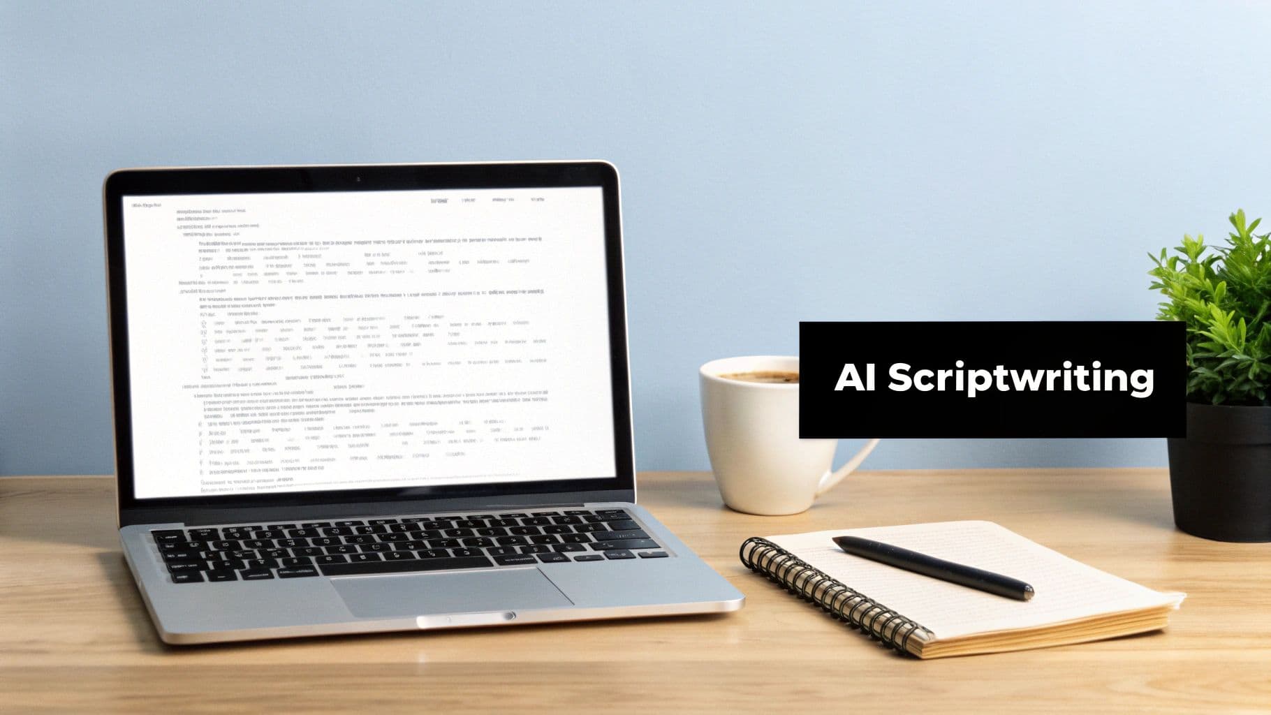 Laptop on a wooden desk with an AI Scriptwriting text overlay, coffee mug, notebook, and plant.