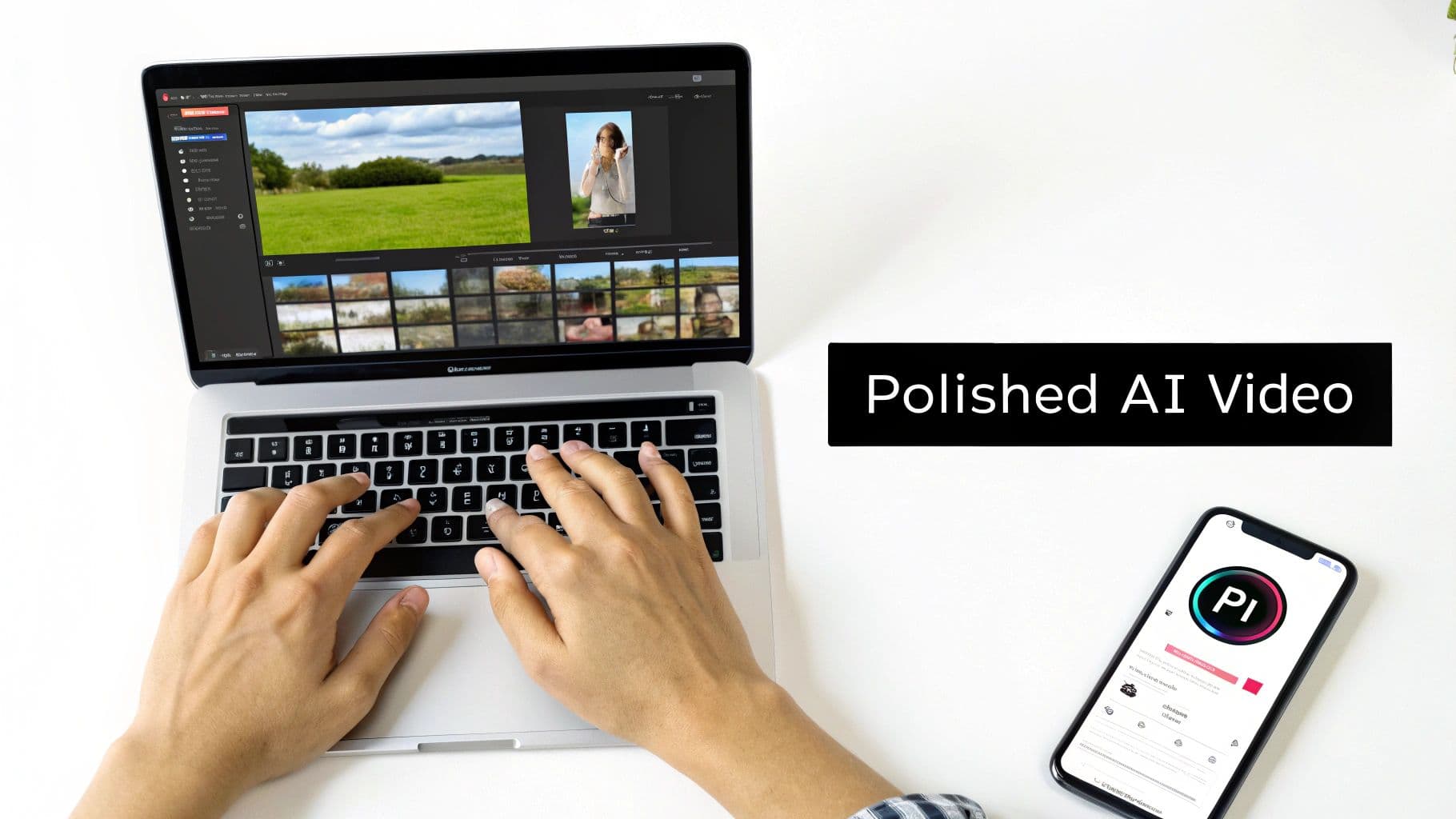 Person editing videos on a laptop with AI software, a smartphone showing an app, and 'Polished AI Video' text.