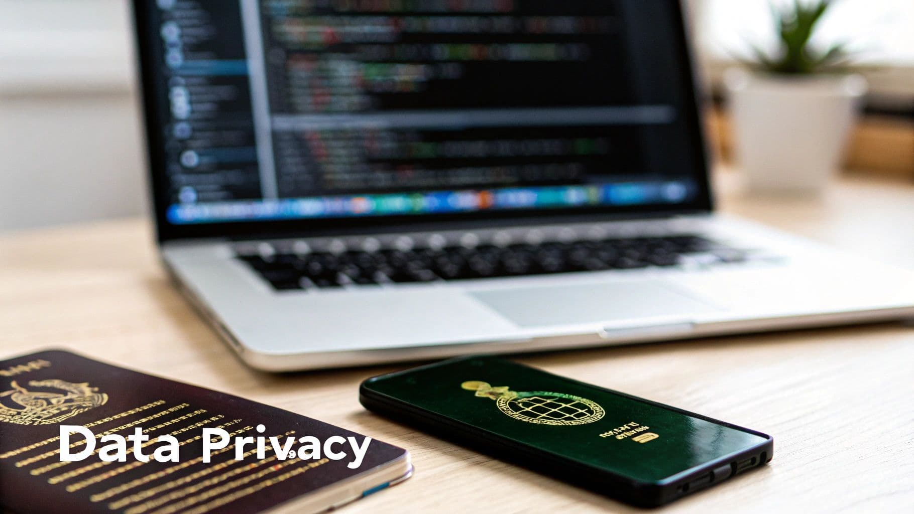 A laptop with code on the screen, a passport, and a smartphone on a wooden desk, representing data privacy and digital security.