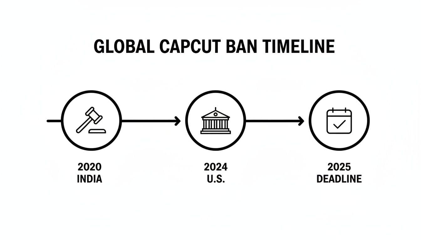 Global CapCut ban timeline with milestones for India (2020), U.S. (2024), and a 2025 deadline.