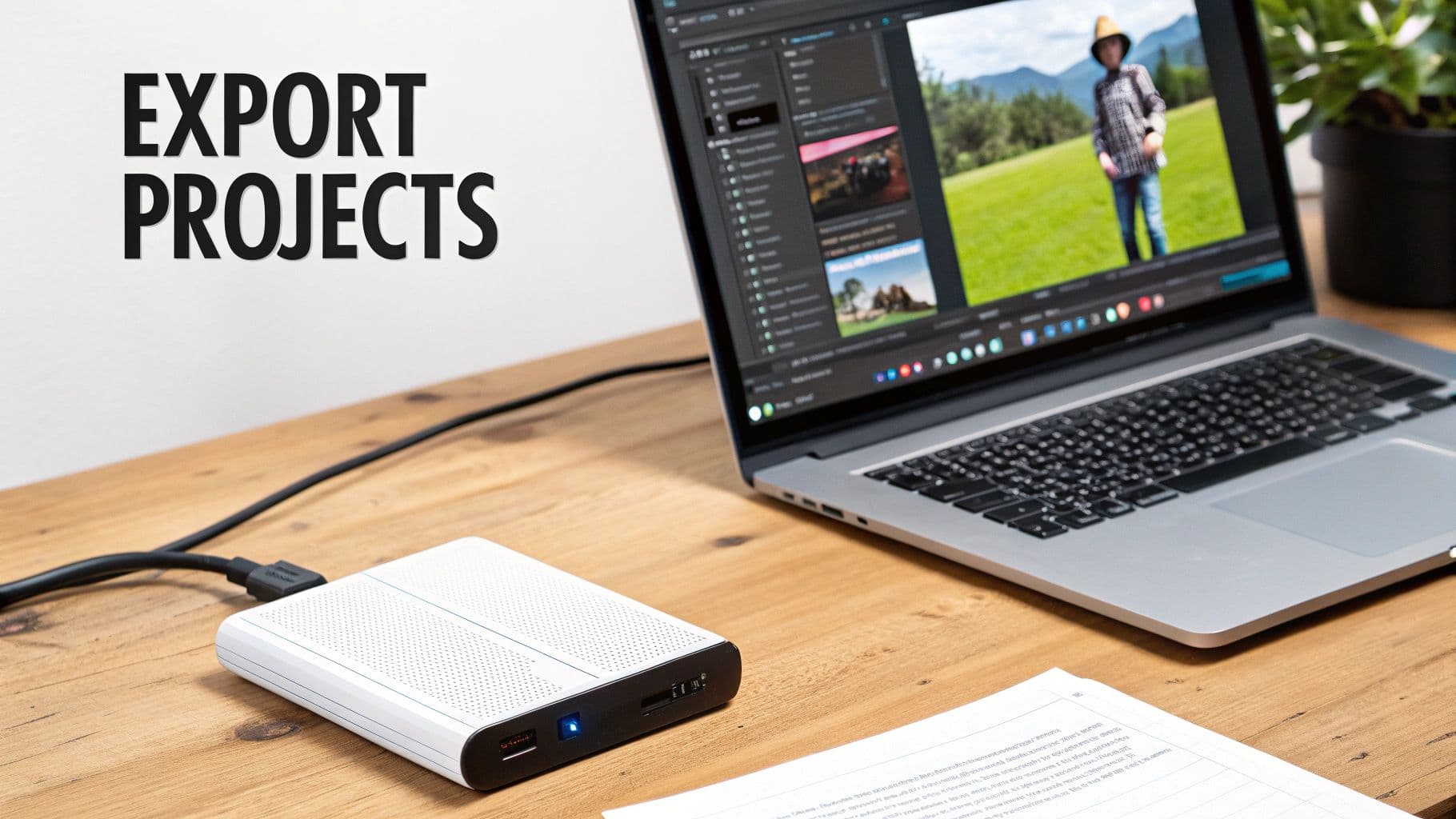 A laptop displaying video editing software connected to a portable hard drive on a wooden desk, with text 'EXPORT PROJECTS'.