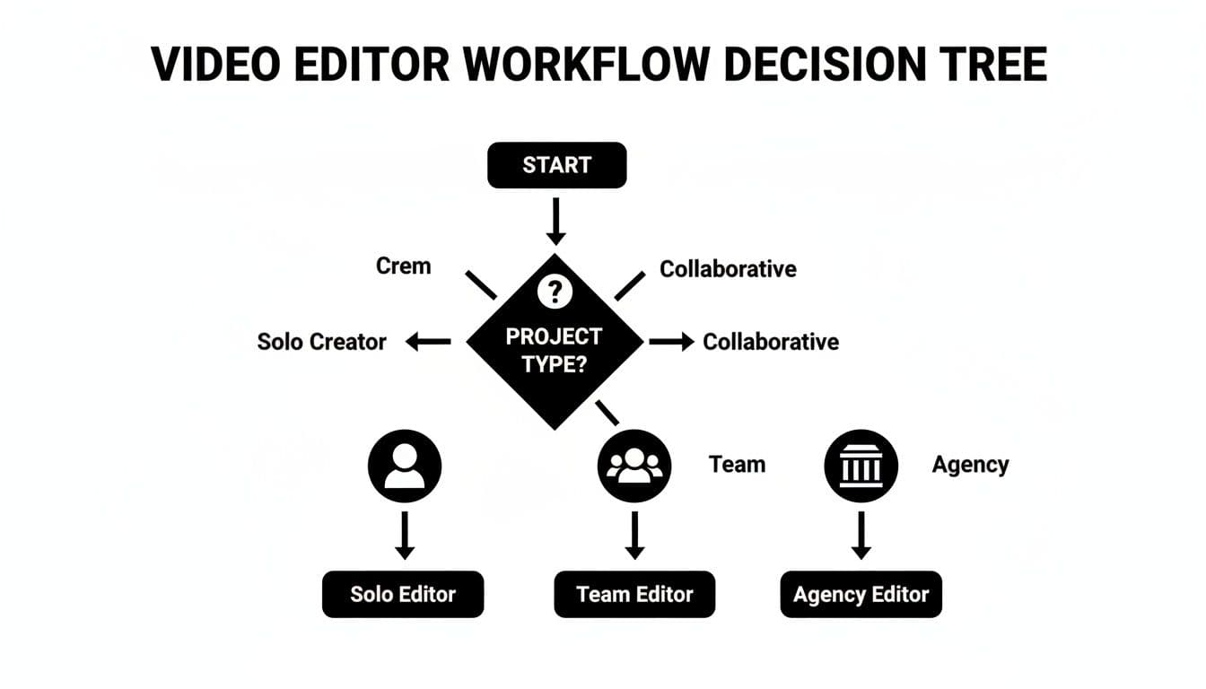 A video editor workflow decision tree showing paths for solo, team, and agency projects.