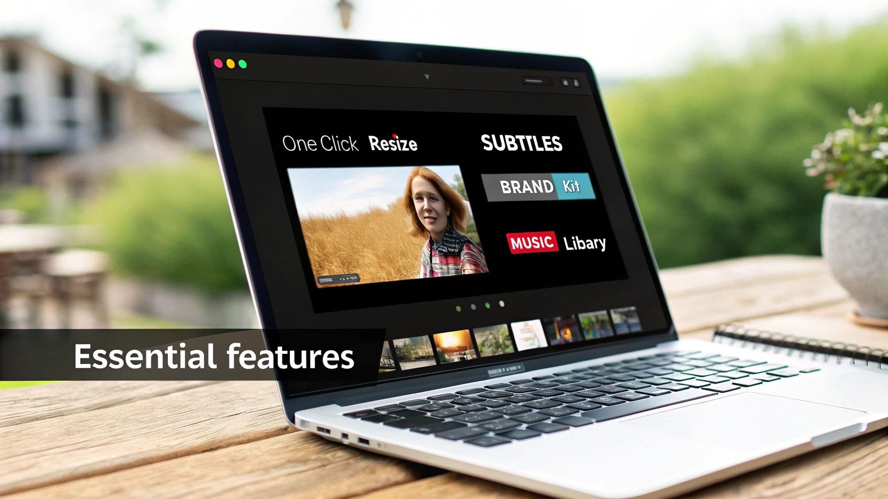 Laptop on a wooden table displays video editing software with options like resize, subtitles, and music library.