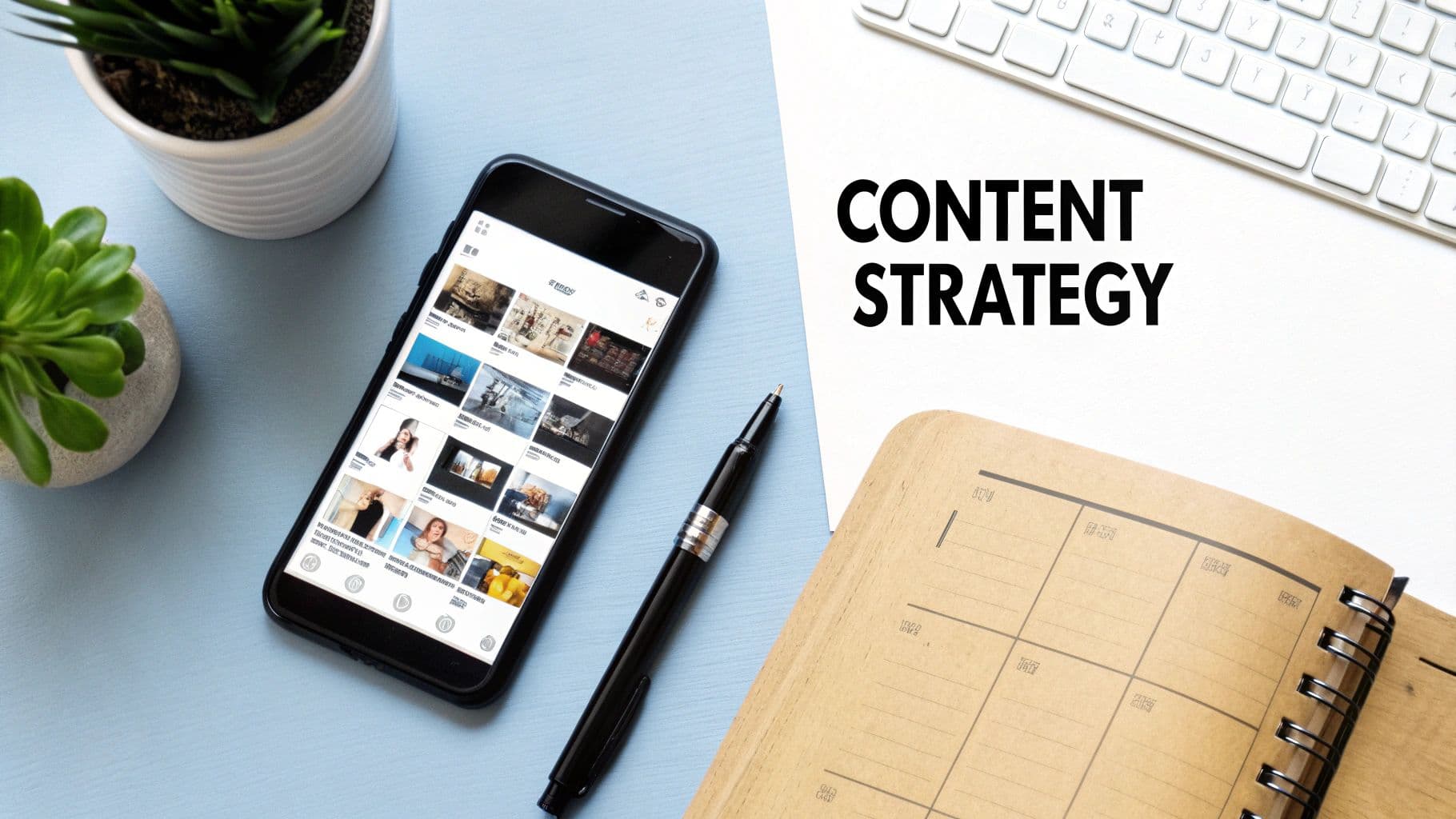 A flat lay of a workspace with a smartphone showing video content, a pen, plants, notebook, and 'CONTENT STRATEGY' text.