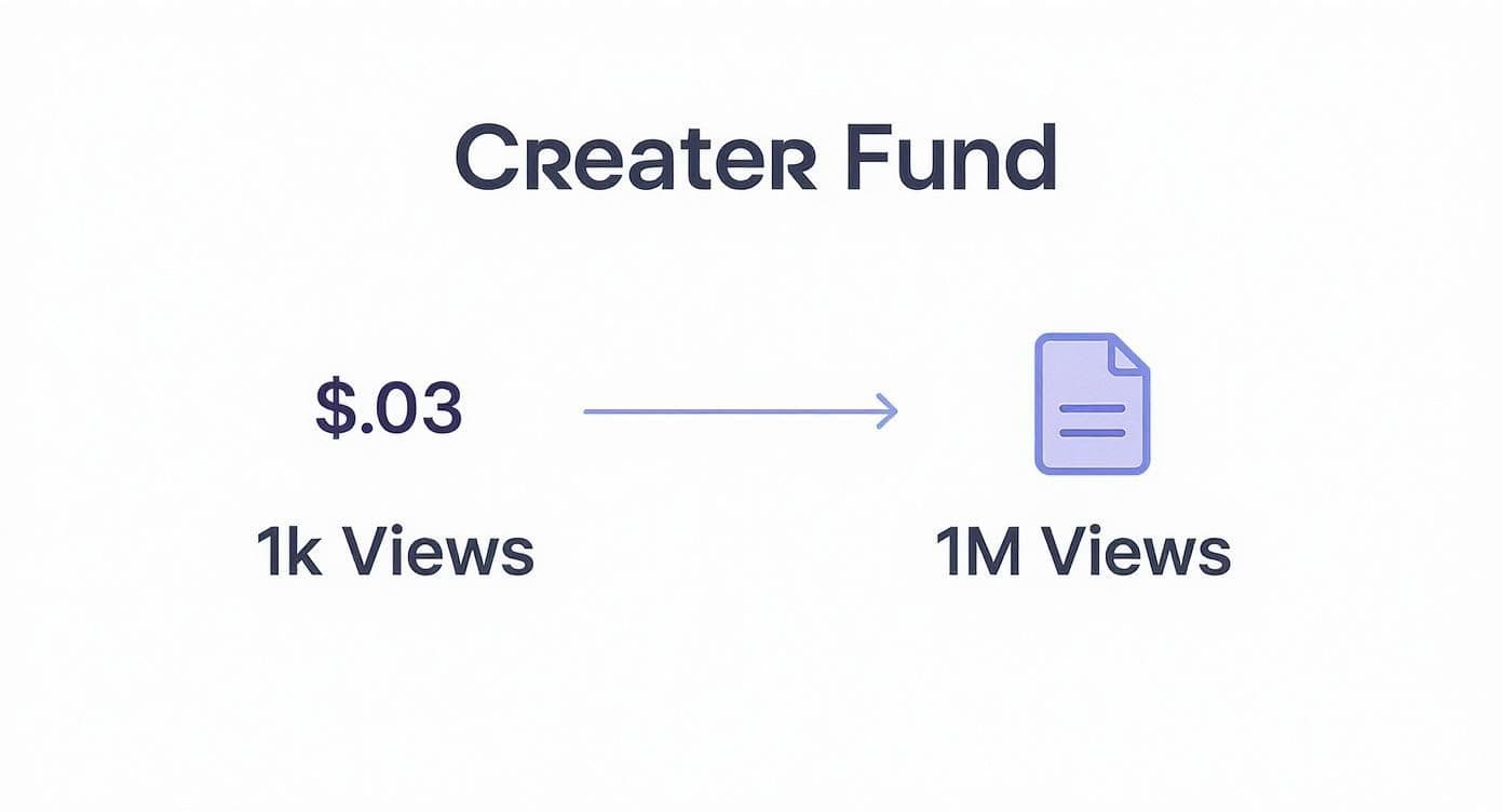Diagram illustrating Creater Fund: $0.03 for 1k views, with an arrow pointing towards 1M views.