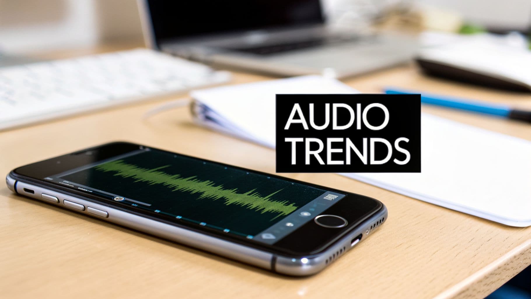 A smartphone displaying a green audio waveform on its screen, with 'AUDIO TRENDS' text overlay.
