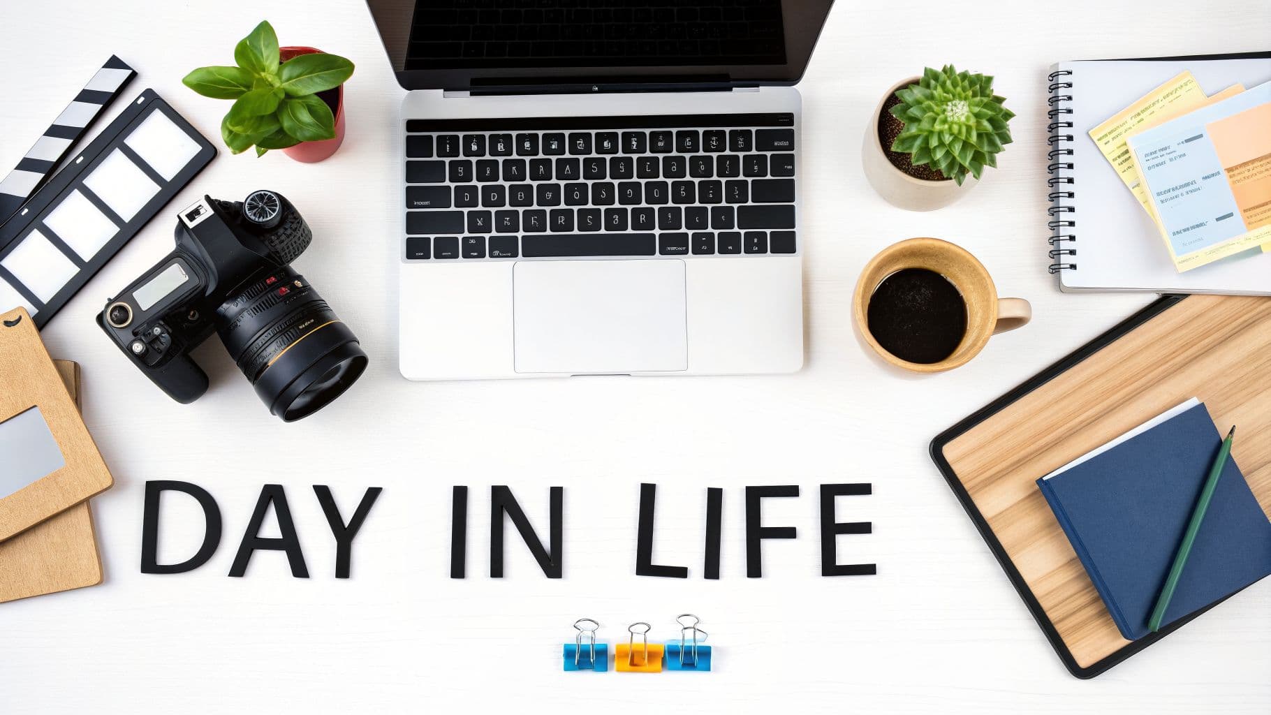 Overhead flat lay of a creative workspace with a laptop, camera, coffee, plants, and 'DAY IN LIFE' text.