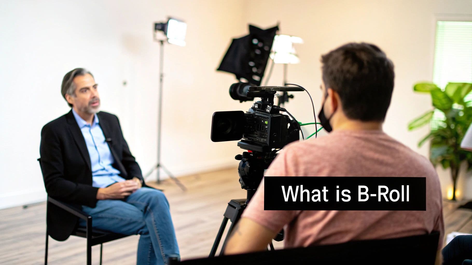 A man in a suit being interviewed on camera, with a cameraman and studio lights.