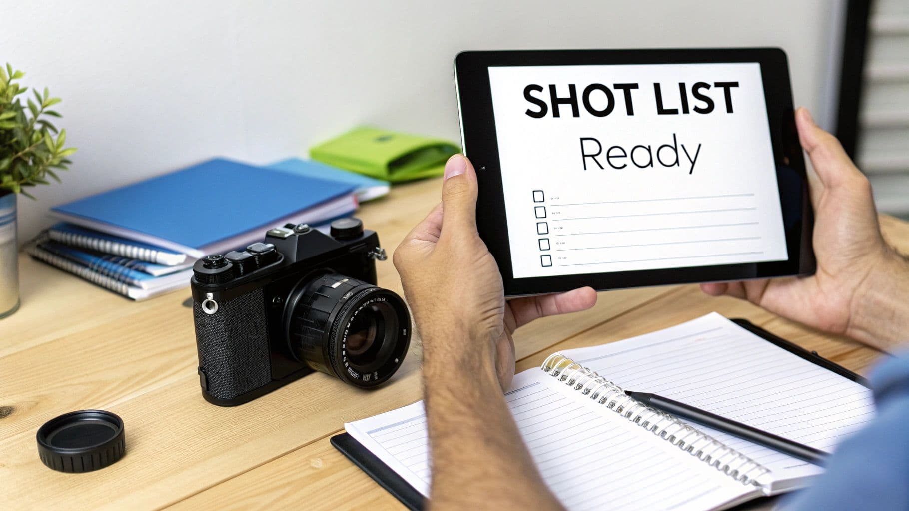 A person holds a tablet displaying a 'SHOT LIST Ready' screen next to a camera and notebook on a wooden desk.