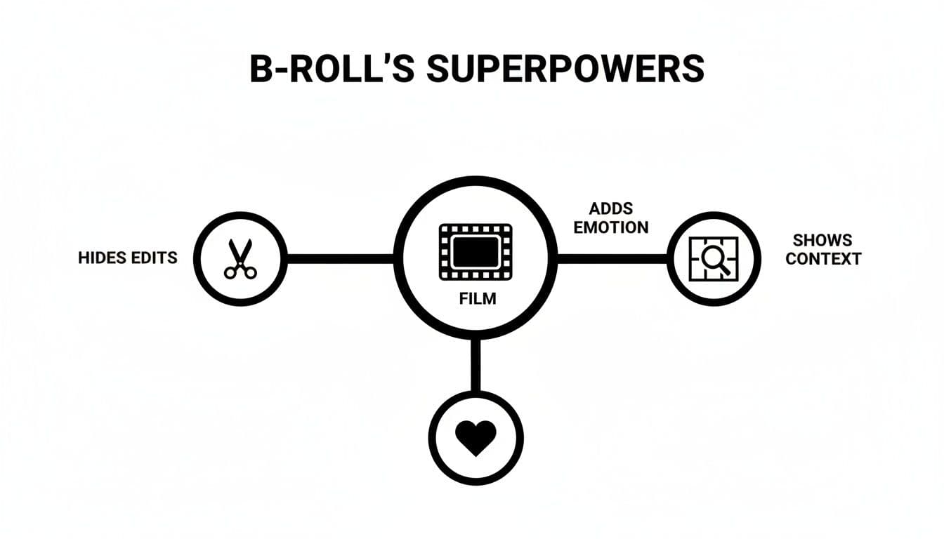 Infographic illustrating B-roll film's key functions: hiding edits, adding emotion, and providing context.
